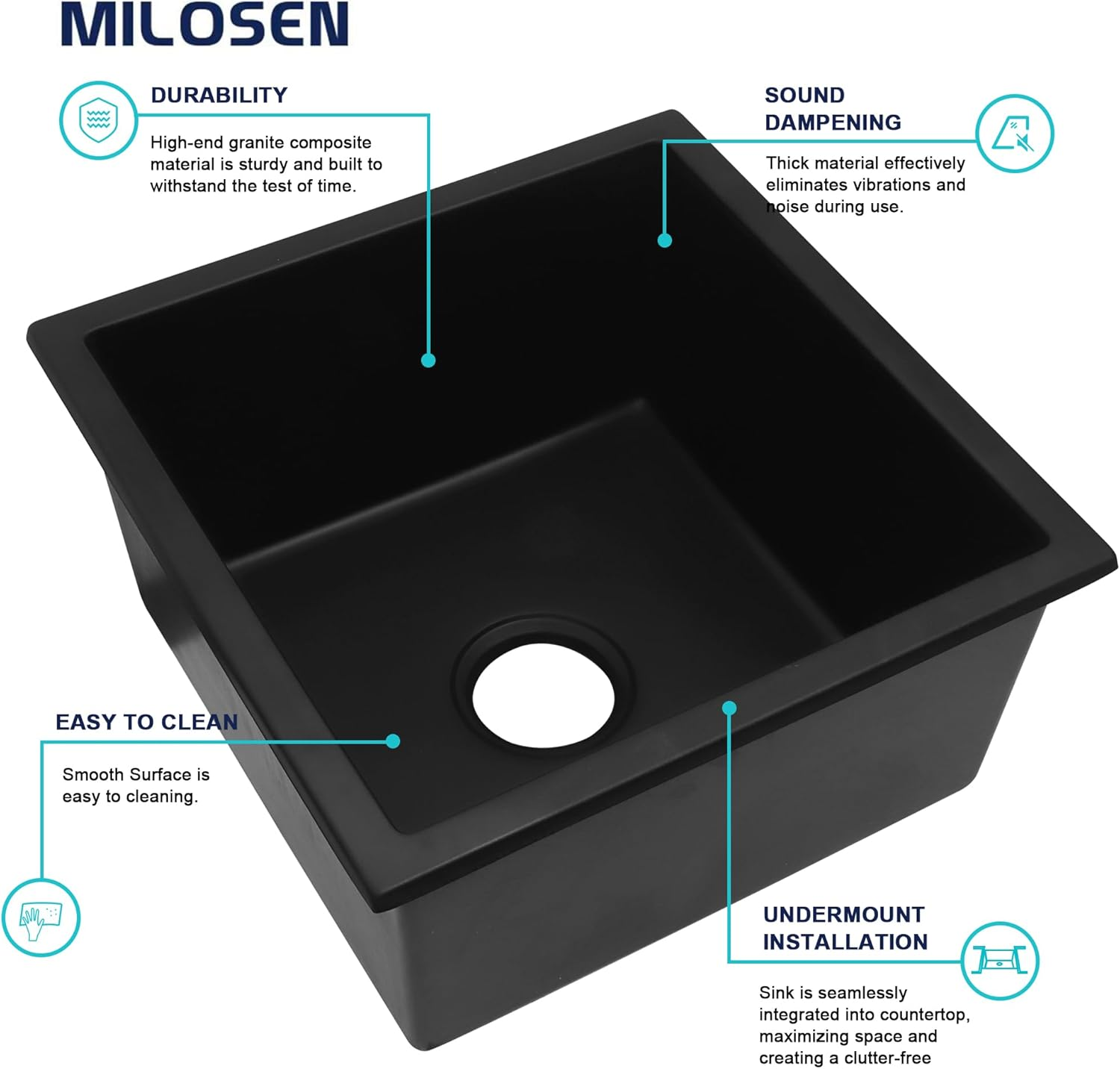 MILOSEN Black Kitchen Sink 45X45Cm, Granite Stone Sink, Mini Black Bar Sink, Undermount Kitchen Sink, Single Bowl Kitchen Sink image number 6