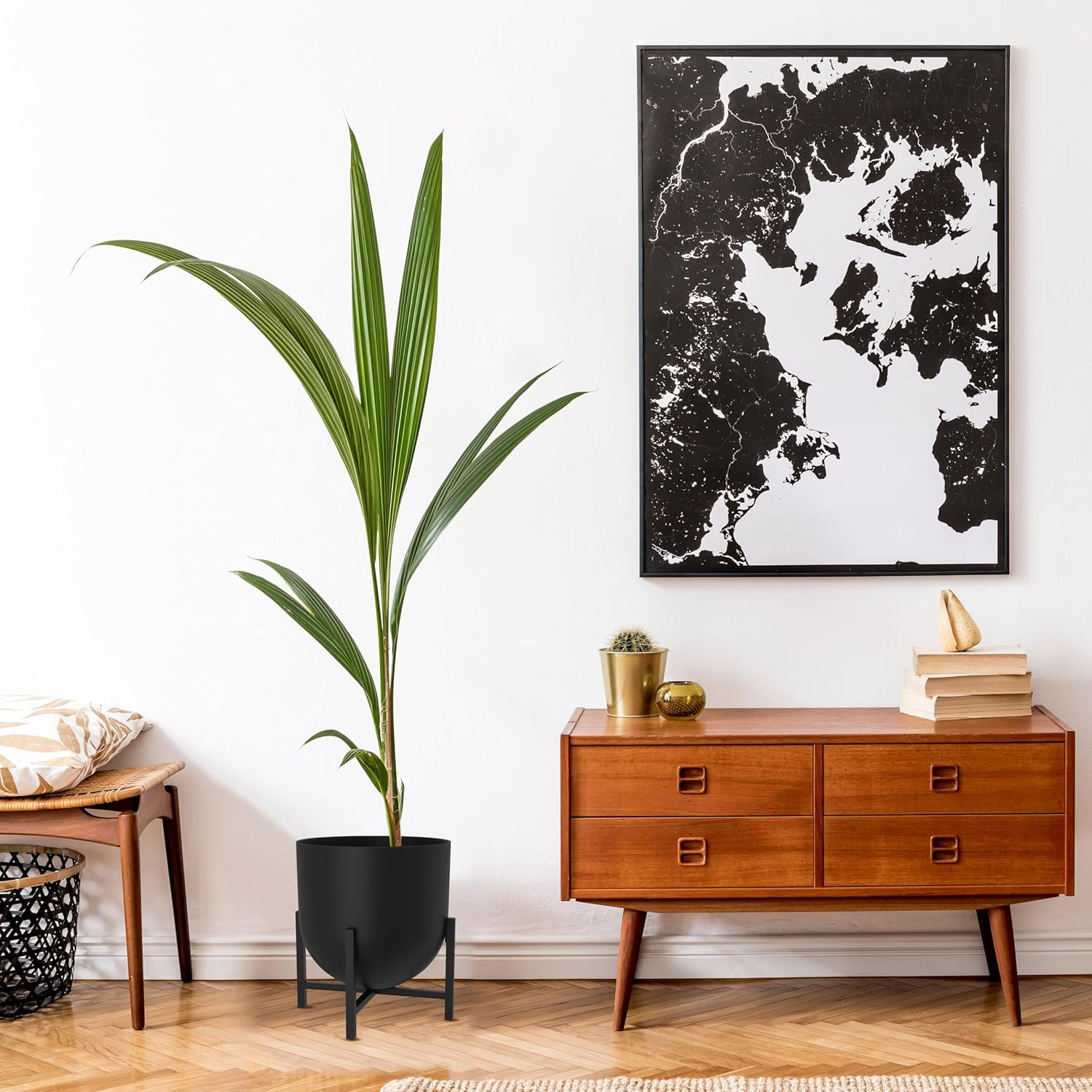 Olly & Rose XL Black Plant Pot with Plant Stand - Metal Plant Pots Indoor Planter 28Cm 11 Inch Large Flower Pot (Black, 28 Cm with Stand) image number 5