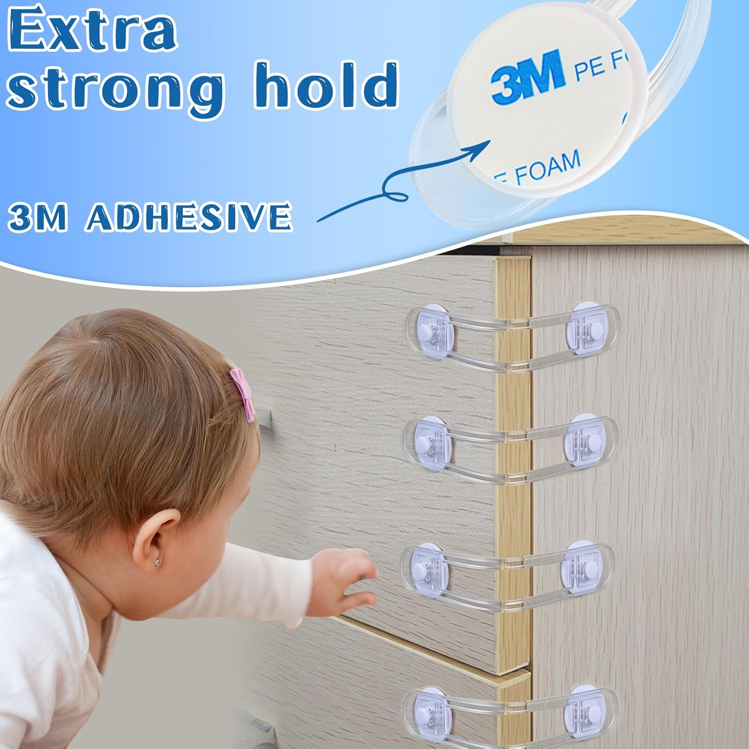 Child Safety Door Lock (14+6 Pack), Baby Proof Cabinet Latches Locks with 3M Self-Adhesive, with 6 Electric Outlet Pulg Covers, No Drilling, Kids Safety Cabinet Locks Straps Drawer Locks image number 6