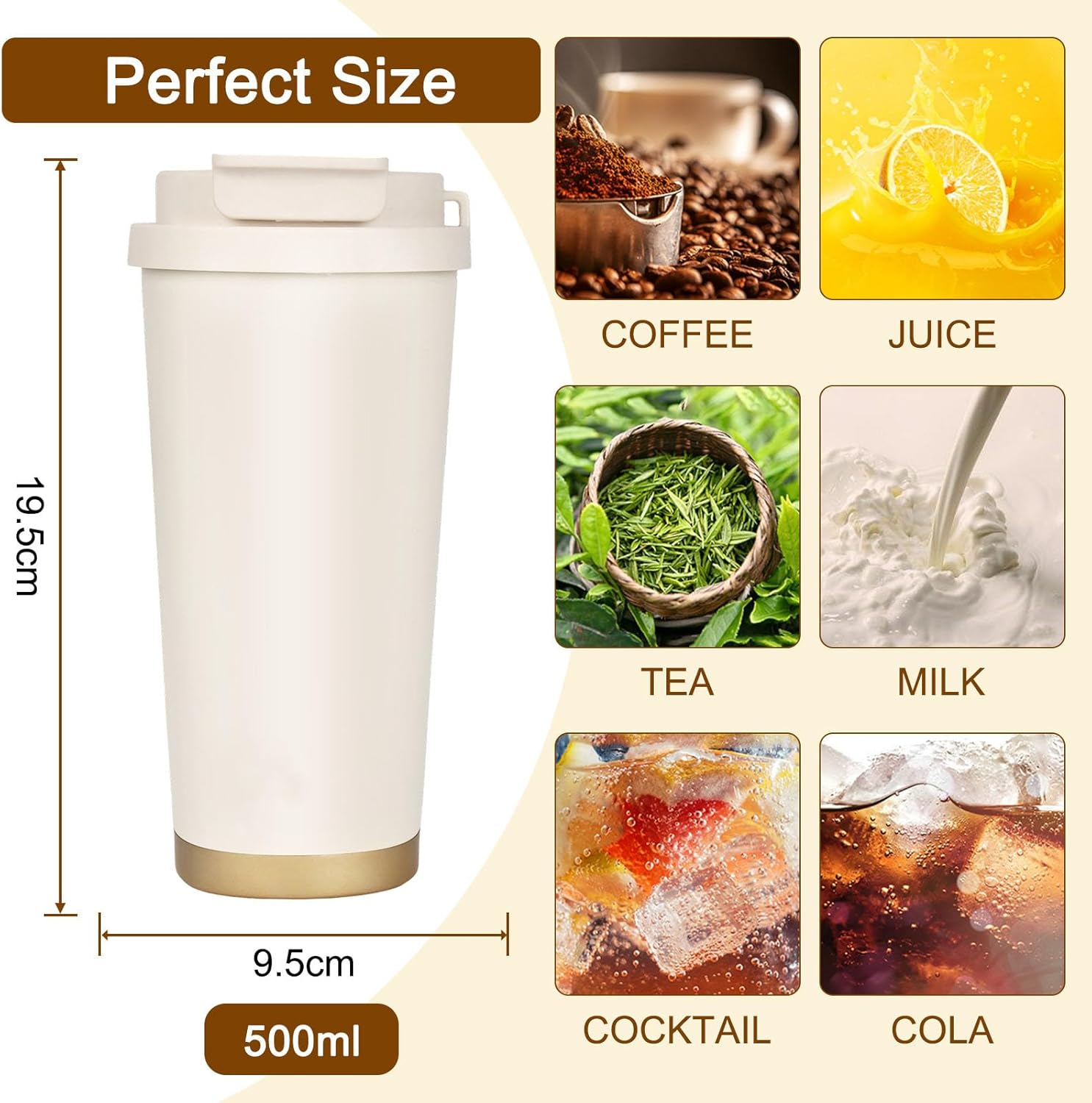 XHOMI Thermos Coffee Mug with Straw Made of Stainless Steel, 530 Ml Leak-Proof Insulated Mug with Lid for Hot & Cold Drinks (White) - White image number 6