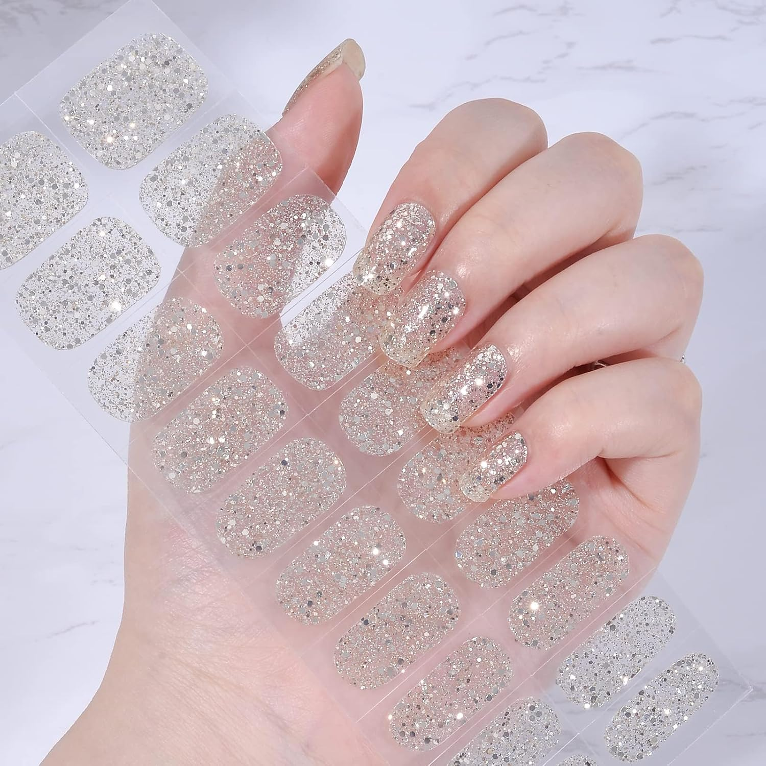 LIFOOST Glitter Gel Nail Strips Clear Nail Art Stickers 20 Extra-Long Gold Sequins Gel Manicure Wraps image number 2