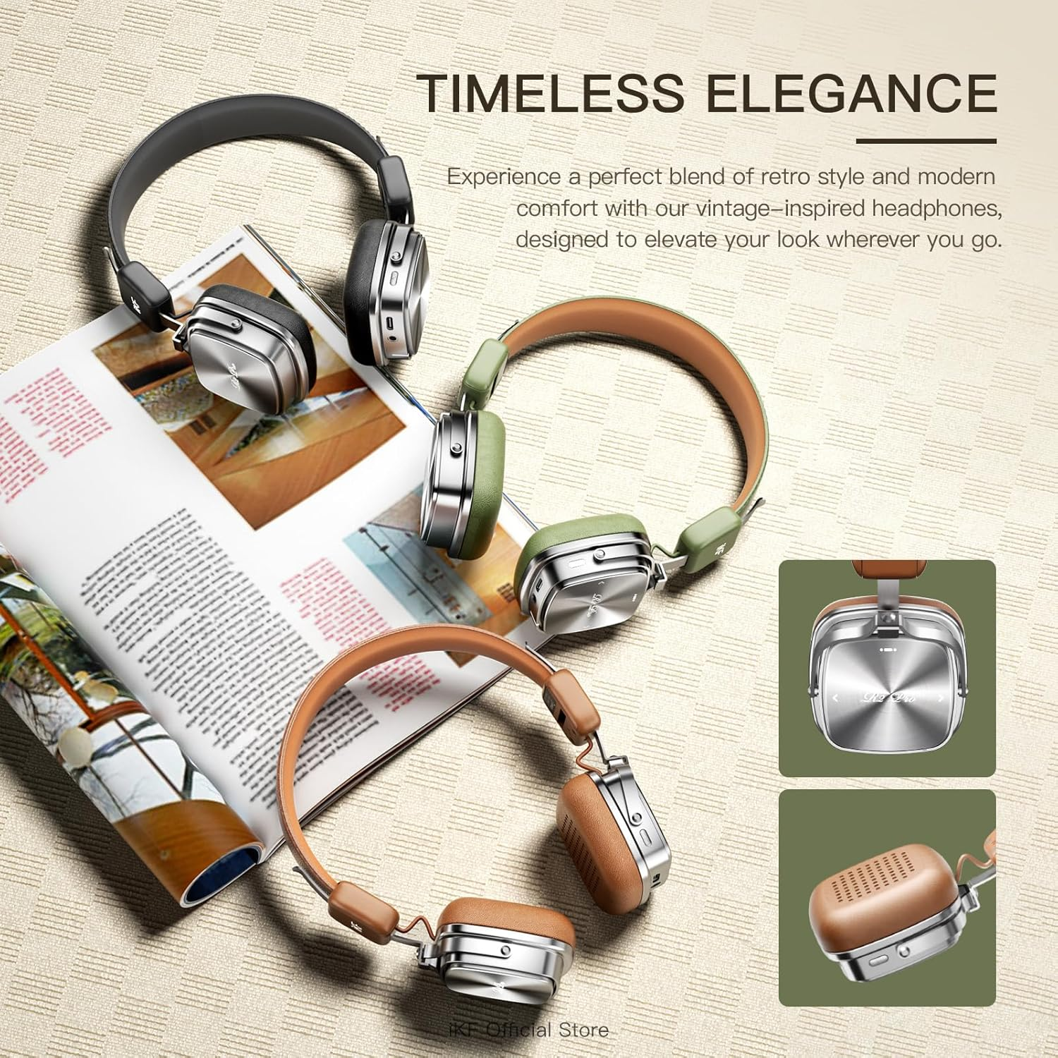 Ikf R2 Pro Active Noise Cancelling on Ear Retro Headphones, Foldable Bluetooth Wireless Headset with Built-In Microphone, 75H Playtime, Hifi Audio, Wired Connection, Comfortable and Vintage Design image number 6