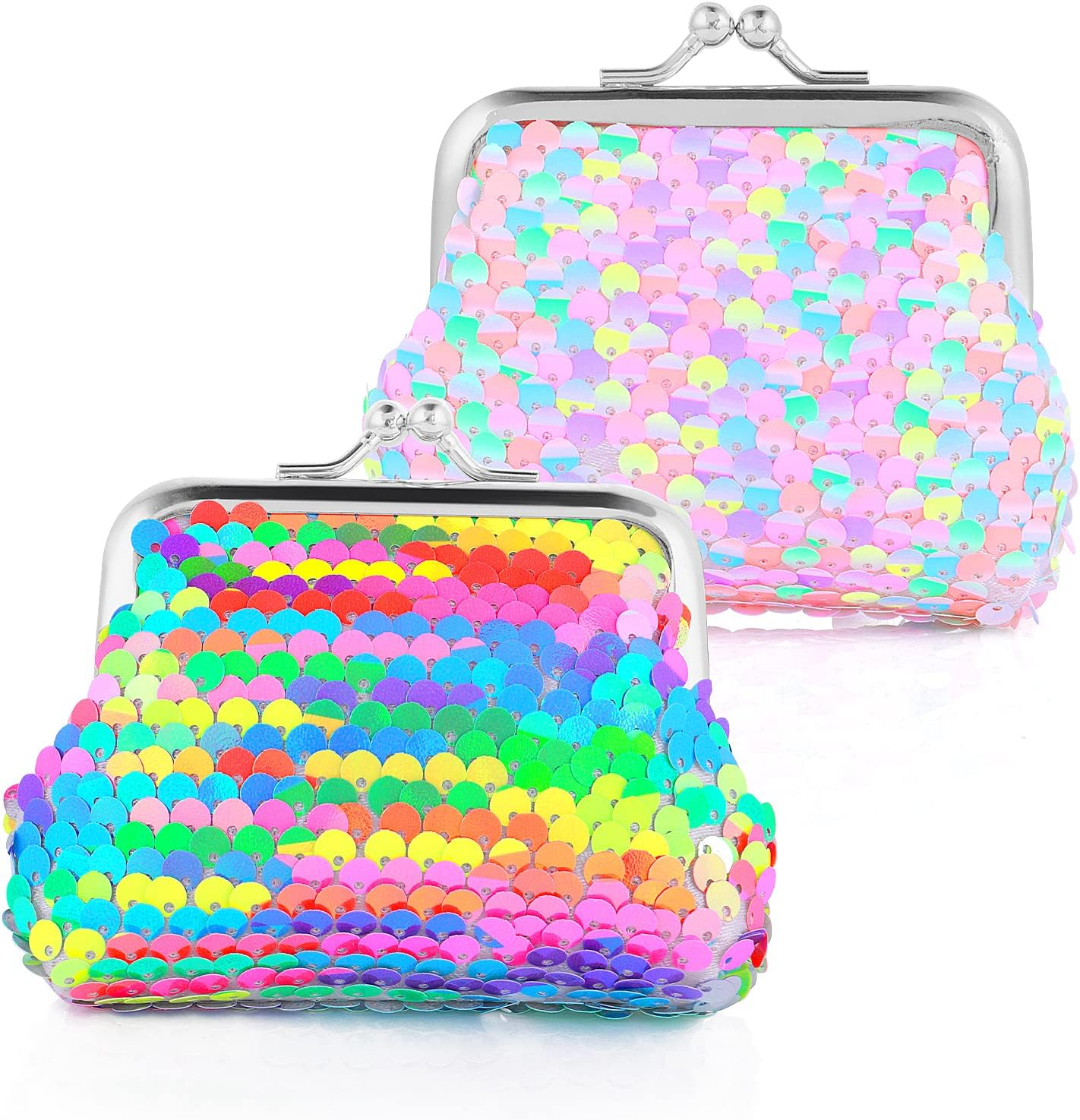 Prasacco 2 Pcs Sequin Coin Purses Reversible Sequin Mini Wallet with Kiss-Lock Closure Colorful Change Coin Purse Bag Handbags for Kids Girls Women Party Favor, Assorted, Colorful image number 2