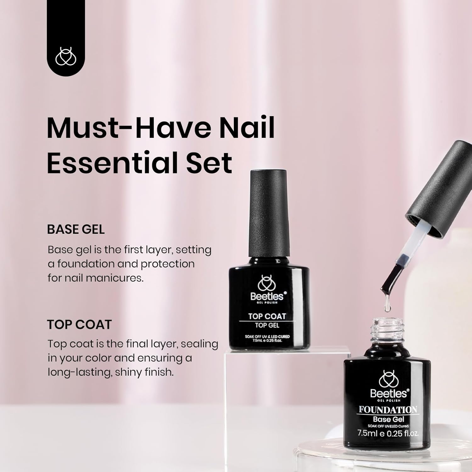 Beetles 2Pcs 7.5Ml No Wipe Gel Top Coat and Base Coat Set, Soak off LED Clear Gel Base Top Gel Glossy Shine Finish Long Lasting Gel Polish Base and Top Coat Gel Lamp Nails Art DIY Home image number 2