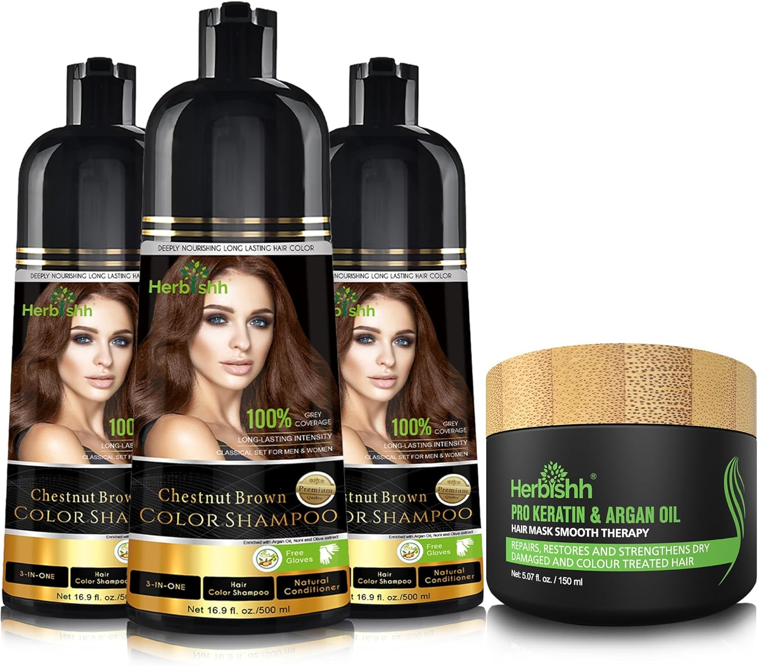 Herbishh Ultimate Hair Color Shampoo Kit (3Pcs Hair Color Shampoo Dye +1 Argan Hair Mask) Smooth and Long Lasting Color Shampoo for Grey Hair Men & Women Easy & Quick to Use-Combo4 (Black)