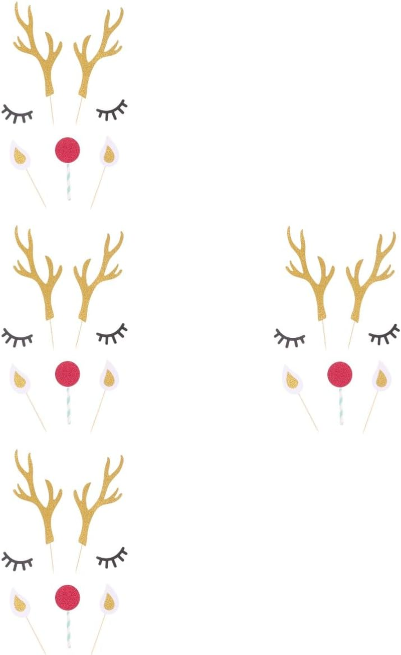 LUOZZY 20 Sets Christmas Deer Cake Toppers Glitter Elk Cake Decoration Antler Deer Eyes Nose Cupcake Picks Xmas Party Supplies - Random Color image number 3