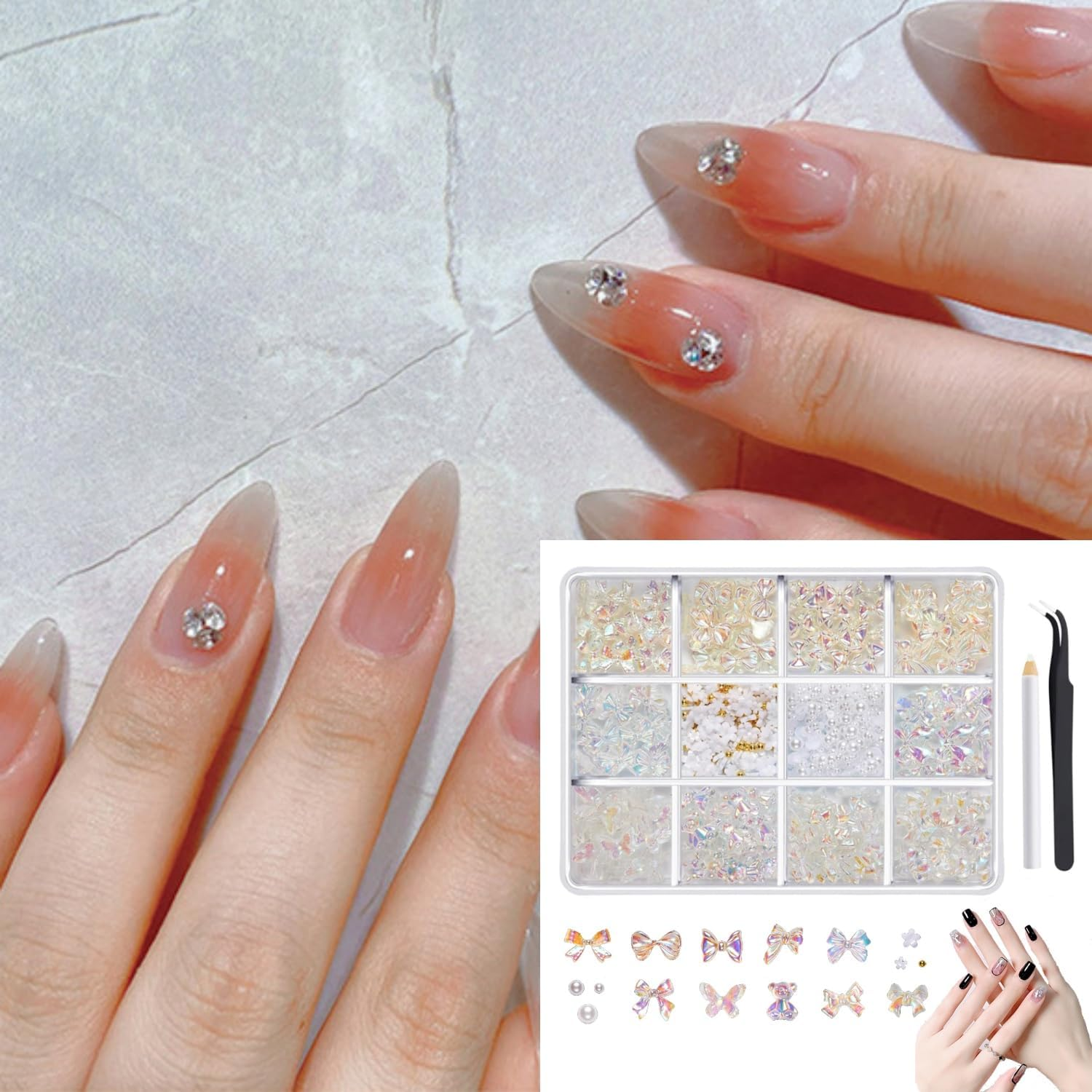 Taicols 850Pcs 3D Bow Nail Charms,Clear Colorful Nail Art Charms Bowknot Nail Art Rhinestones and Pearls with Tweezers,Nail Pens Nail Decorations Accessories for Women Party, Daily image number 6