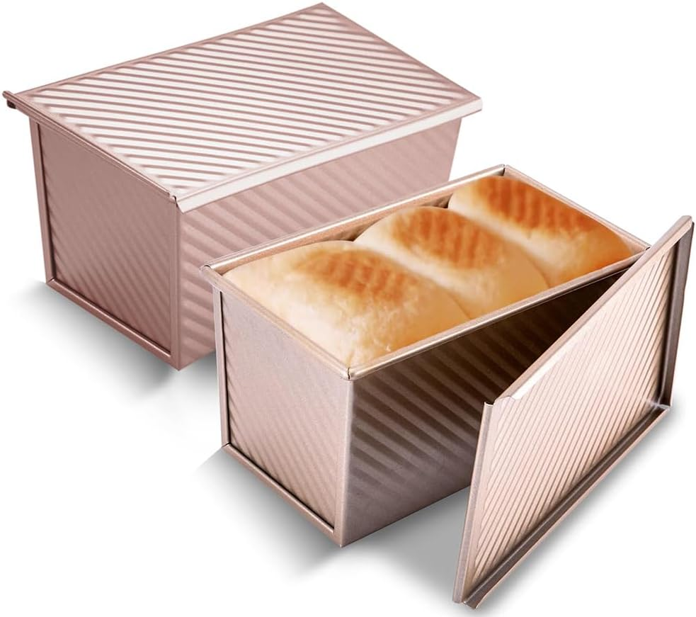 TOMVAES Bread Baking Moulds with Lid, Golden Loaf Tin with Non-Stick Coating, Steel Toast Bread Baking Mould for Bread, Pastry, Cake 450G image number 3