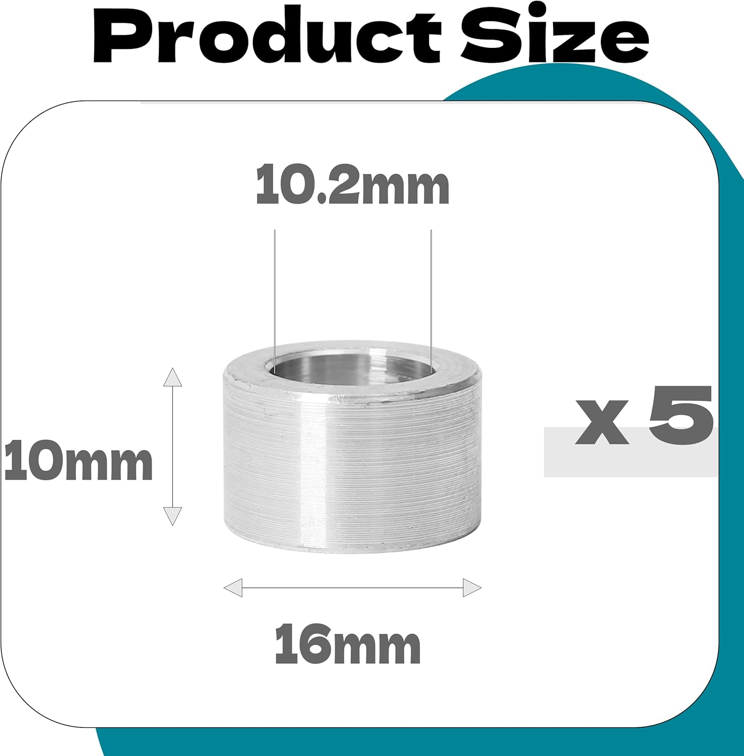 5Pcs M10 Aluminum Spacers, Metal Spacer Aluminum round 10.2Mm ID X 16Mm OD X 10Mm L Thickness Screw Standoff for M10 Screw Bolts Silver