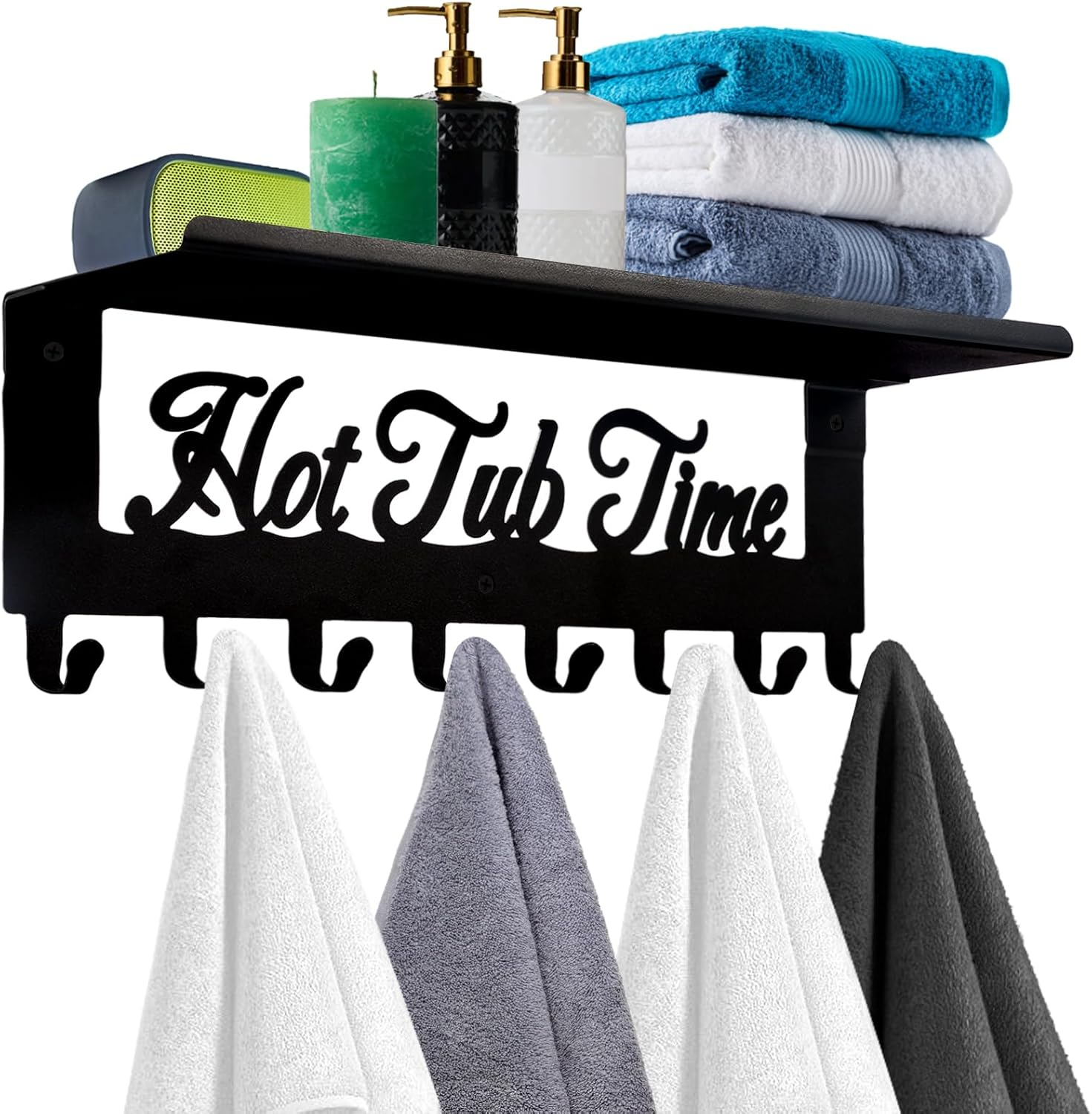 Hot Tub Towel Rack 8 Hooks Hot Tub Accessories with Shelf Bathroom Towel Holder Organizer Outdoor Wall Mount Decor in Bath Hot Spring Swim Pool Hotel