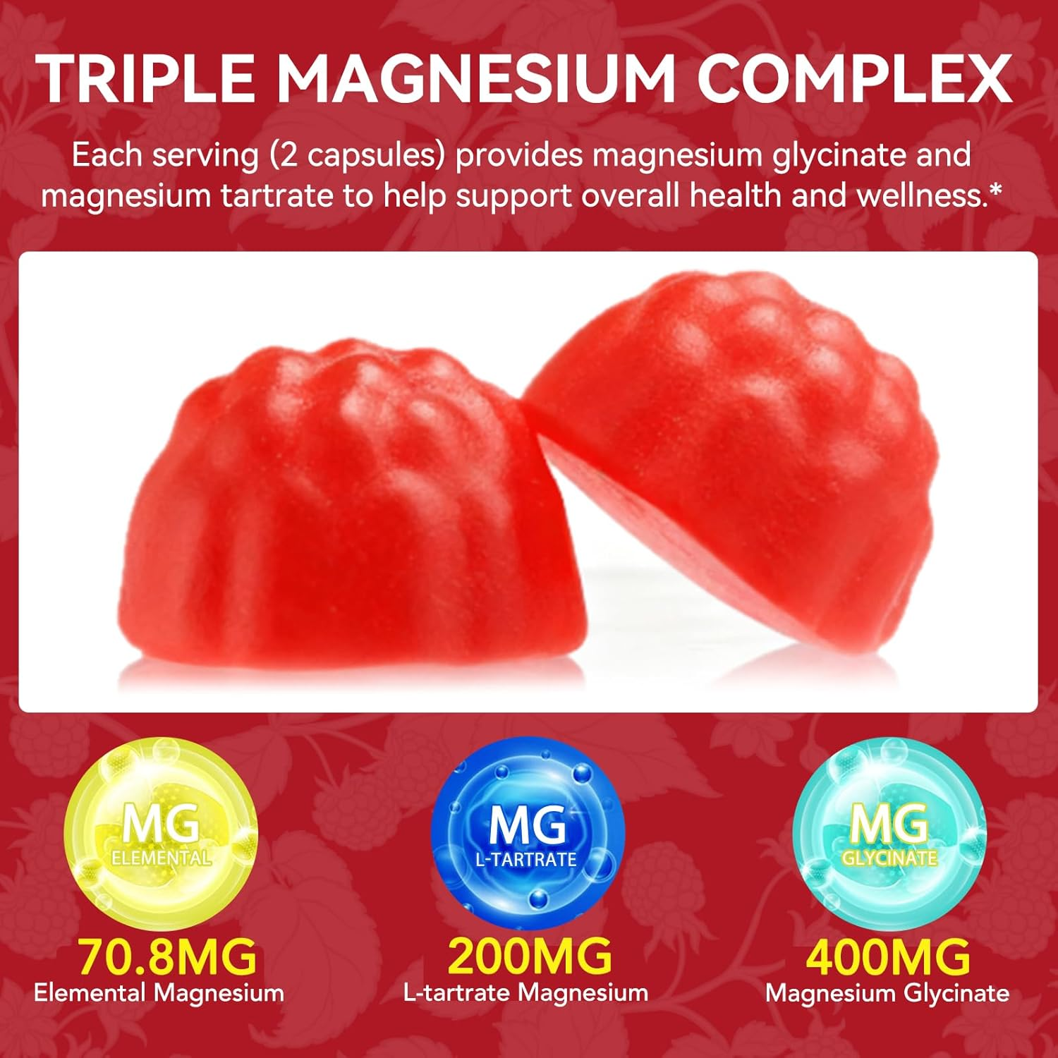 Magnesium Glycinate Gummies 600Mg | Calcium, Potassium, Vitamin D3 & B6 | Coq10 & Black Pepper | Sugar Free | Raspberry Flavour | 120 Gummies image number 4