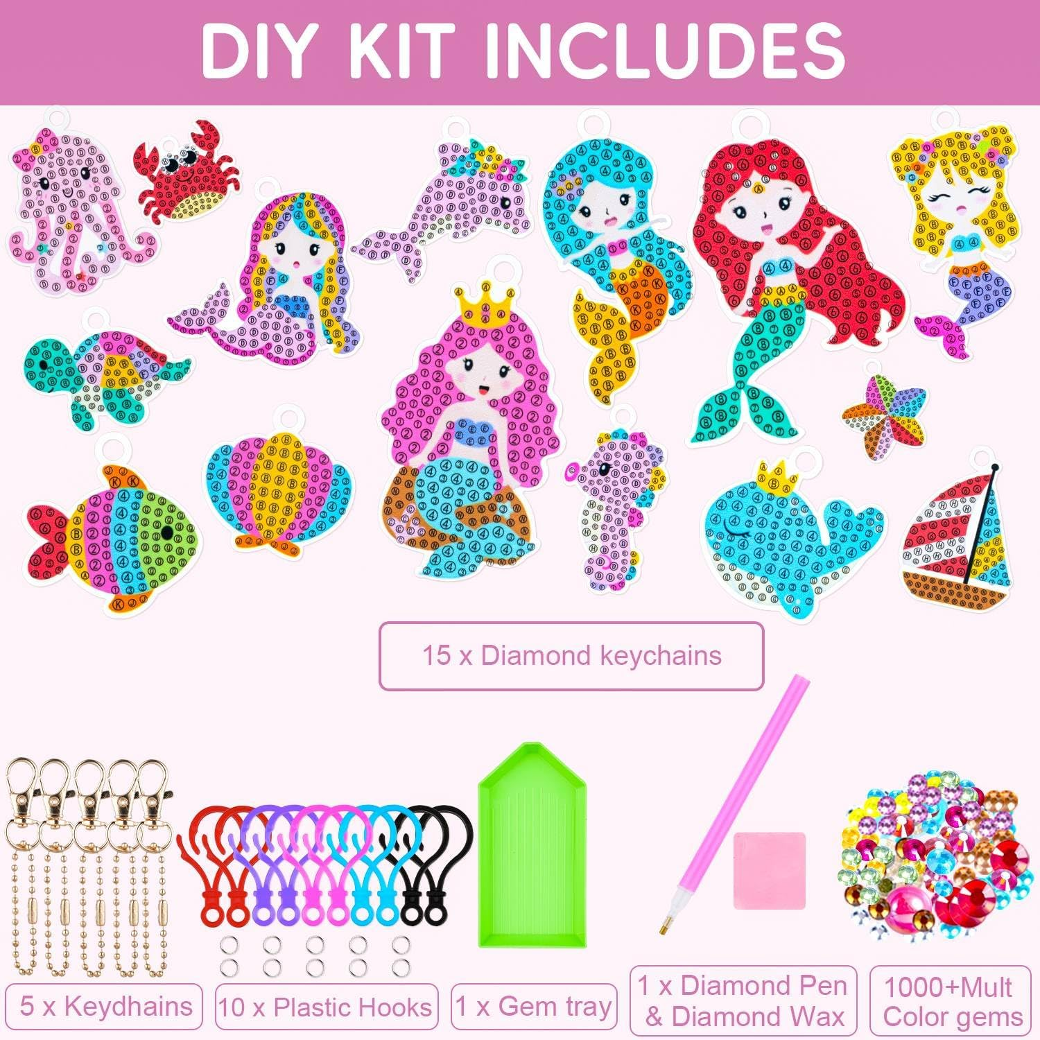 5D Gem Diamond Art Kit for Kids, Make Your Own Gem Art Keychains by Number, Cartoon Diamond Art Easy Kits, DIY Crafts Birthday Gifts Thanksgiving Christmas for Girls Boys Ages 6-8-12 (Mermaids) image number 2