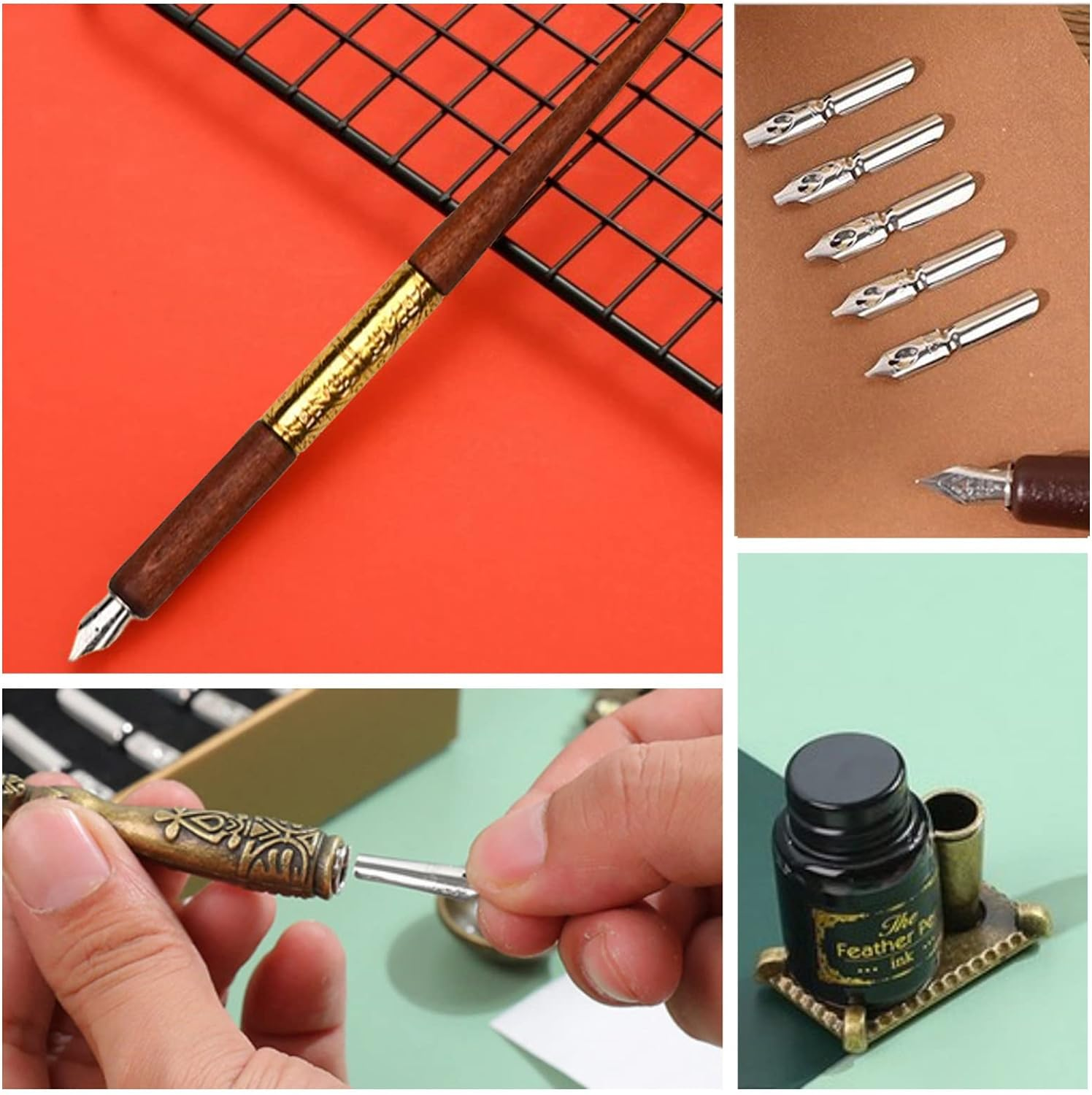 Joyeee Feather Calligraphy Dip Pens and Nibs, Stationery Paper, Pen Base, Spoon, Black Ink Bottle, Dip Pen Wooden for Writing Letters, Greeting Cards, Valentine&rsquo;S Day Writing Drawing Lover - 101 White Quill Pen Set image number 2