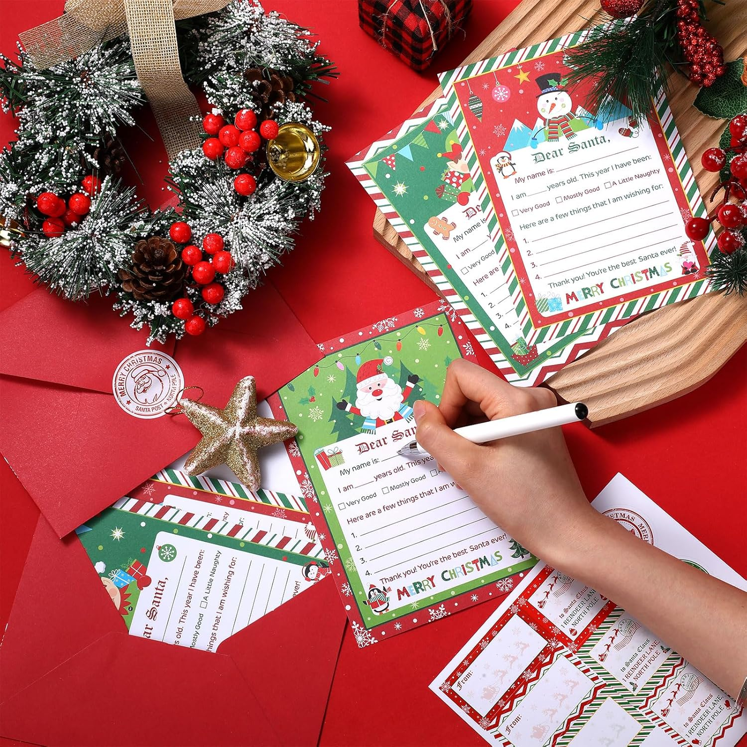 Harloon 150 Pcs Letter to Santa Writing Kit Christmas Wish List Snowman Elf Xmas Letter Paper Stationery with Sticker Nice Naughty Snowflake Envelopes Christmas List for Holiday Greeting Supplies image number 2