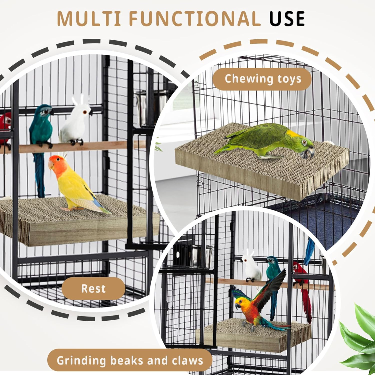 2 Pack Parrot Cage Perch Bird Chew Toys, Large Cardboard Parakeet Playground Conure Stand Cockatiel Shredding Grinding Platform Cage Accessories for Budgie Cockatoo image number 1