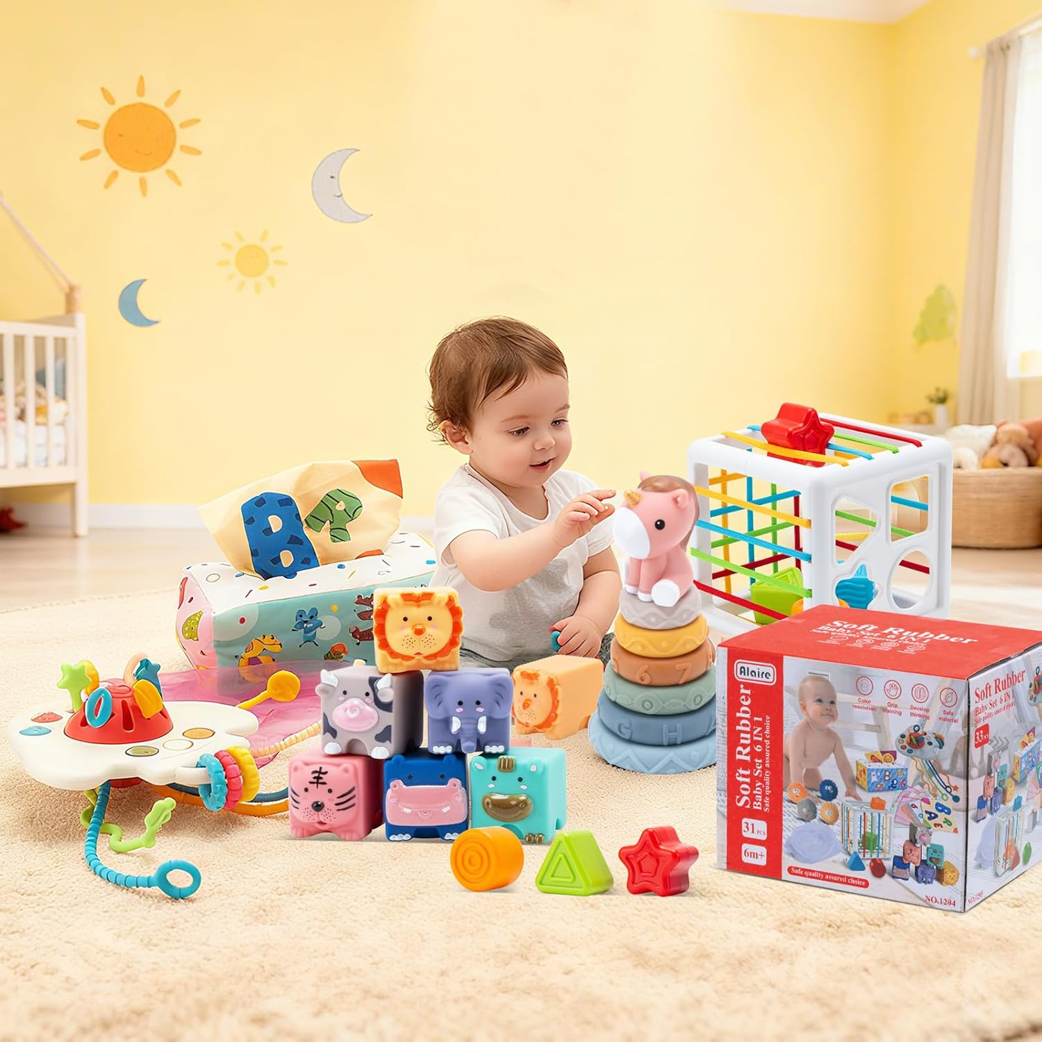 Baby Toys 6-12 Months, 5 in 1 Montessori Toys for Baby, Infant Soft Building Blocks, Stacking Rings, Pull String, Tissue Box and Shape Sorter Cube Toy, Toddlers Aged 1-3 image number 4