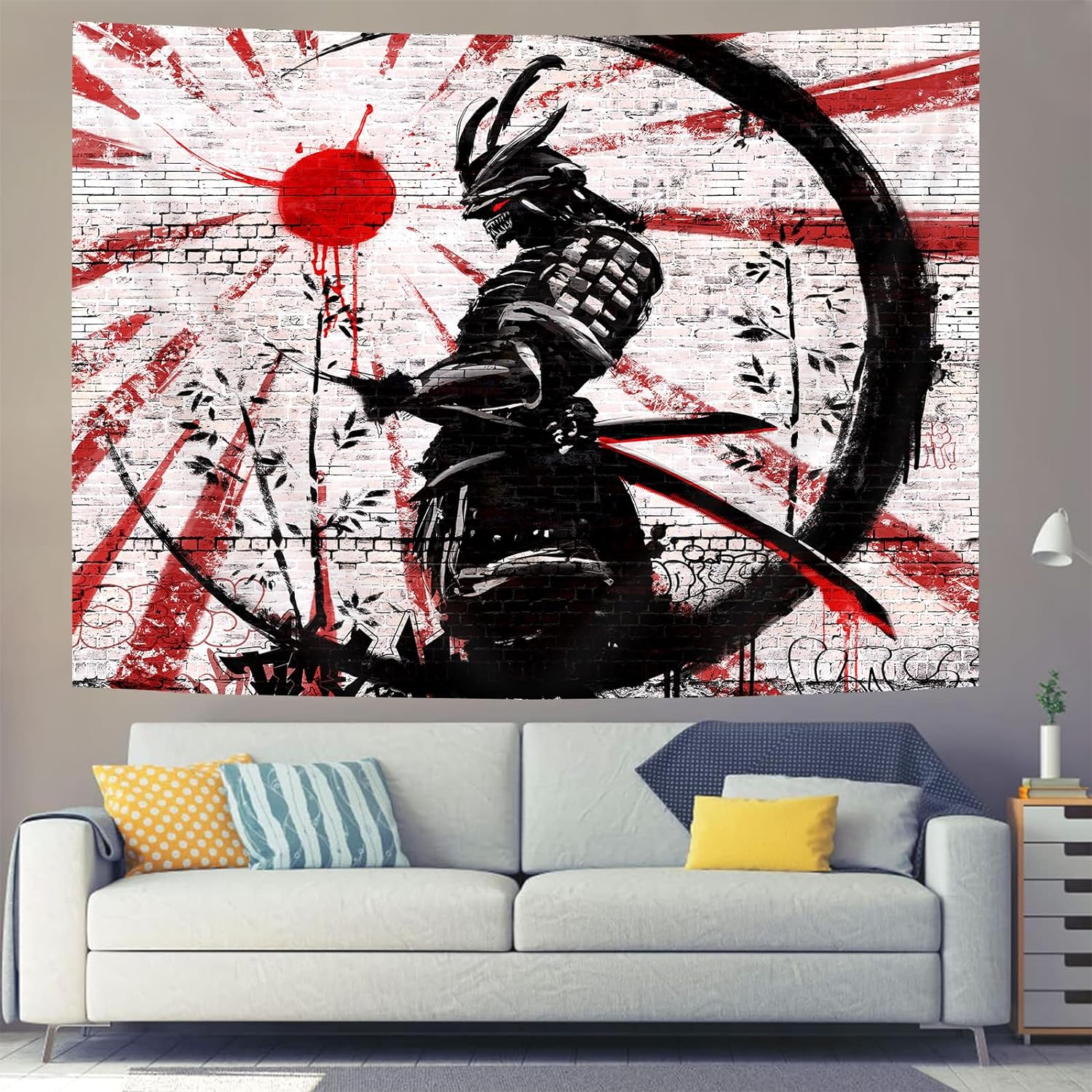 Itapnoom Japanese Samurai Art Decor Tapestry Wall Hanging for Bedroom, Cool Anime Red and Black Sun Moon Poster Wall Art Tapestries for Men, Asian Japan Male Blanket College Decorations (80X60)