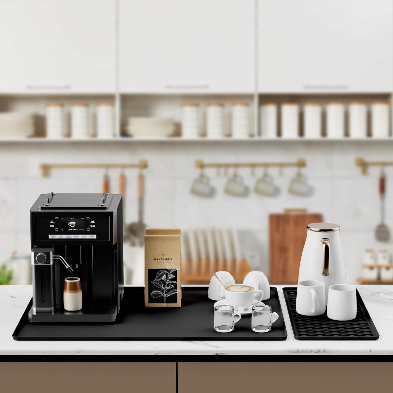 Silicone Coffee Mat with Detachable Dish Drying Mat for Kitchen Countertops, Coffee Bar, Accessories Fit under Coffee Maker Machine Coffee Pot Espresso Machine Dish Rack (Black, 40X60Cm) image number 5