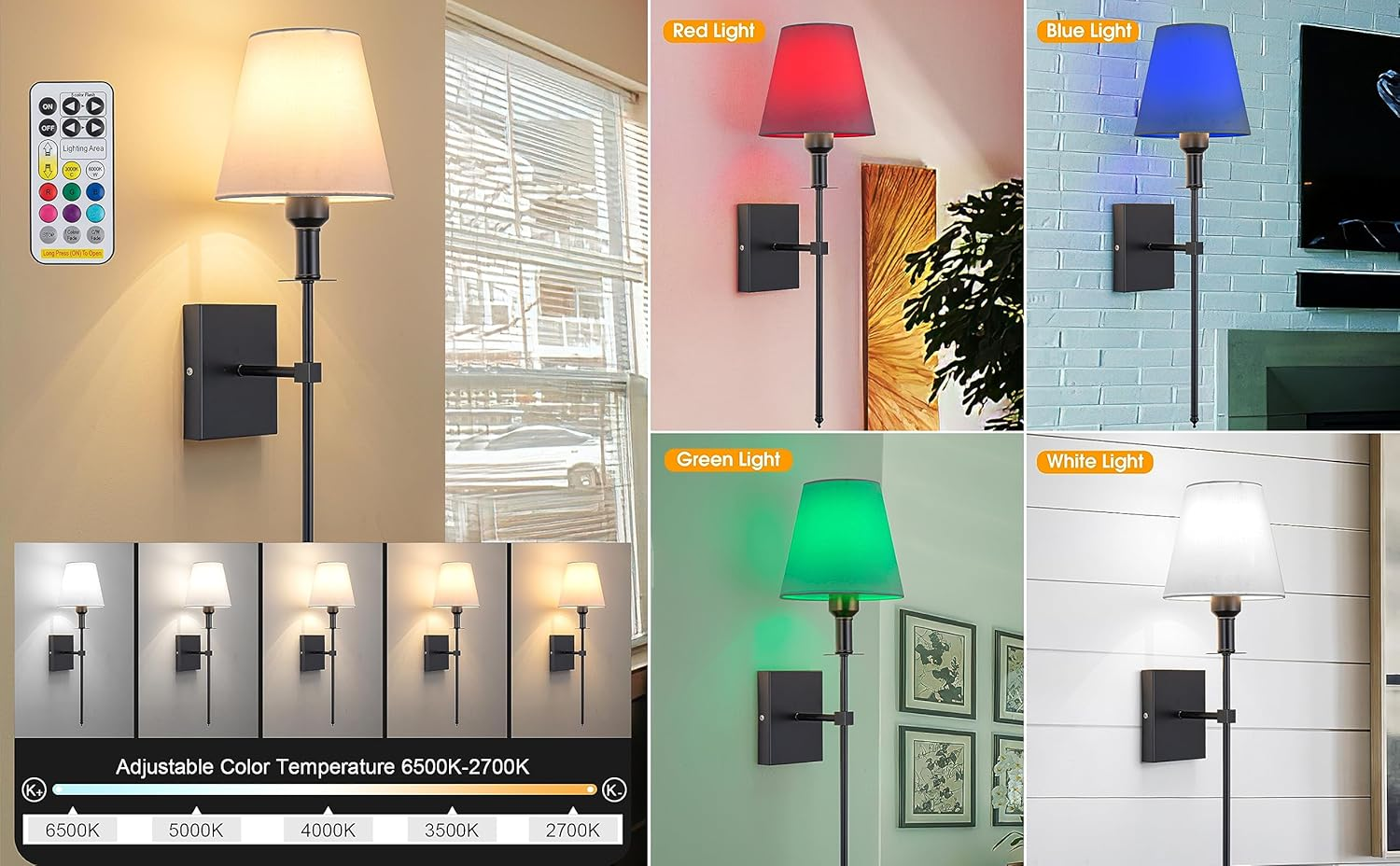 Wall Lights Battery Operated Wall Sconces Set of 2，Indoor Not Hardwired Fabric Shade Fixtures,Rechargeable Wireless Wall Sconces with Dimmable Remote Control,For Bedroom,Farmhouse (Black) image number 6