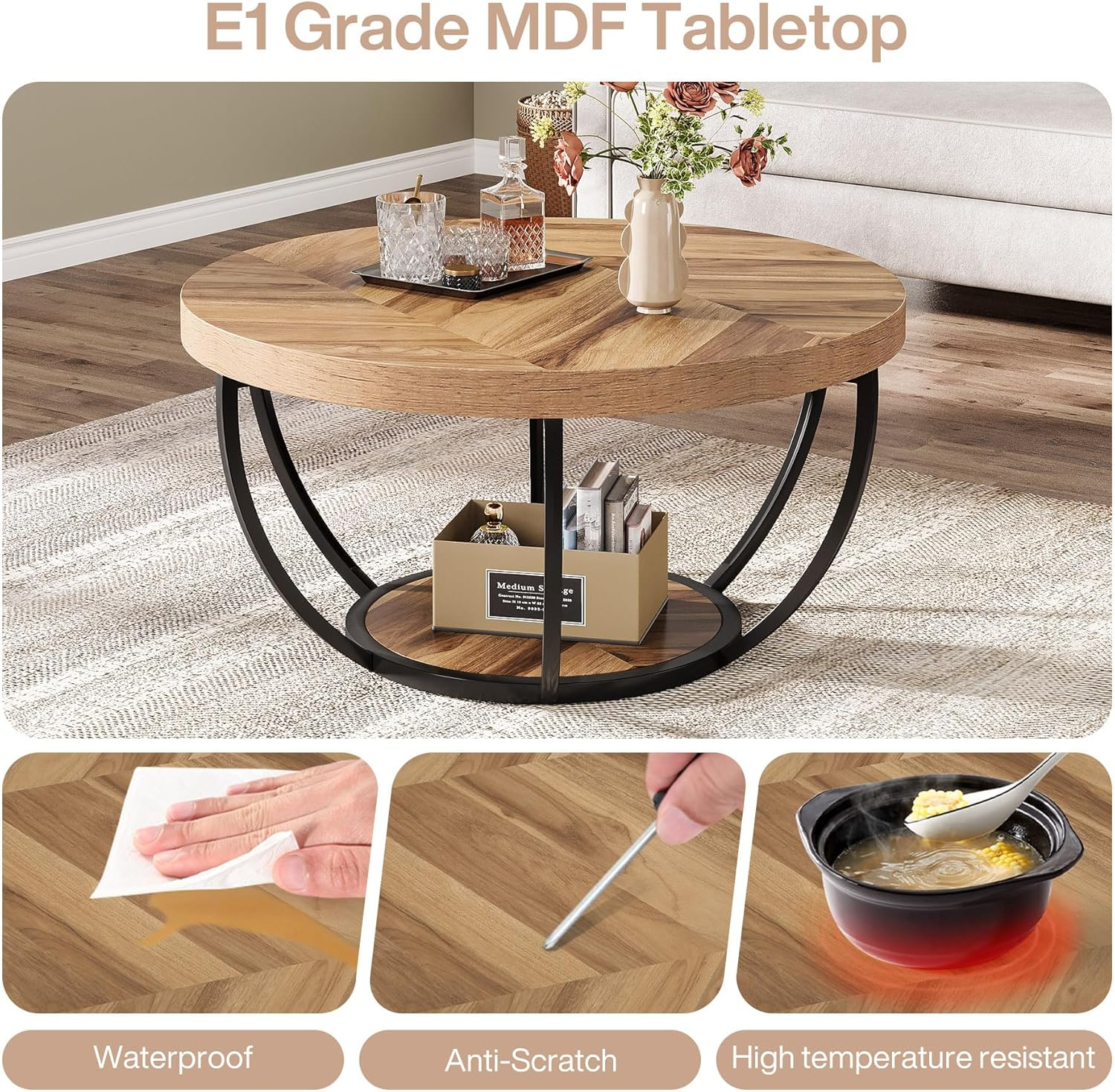 Tribesigns 80 Cm round Coffee Table, Industrial 2-Tier Coffee Table Storage, Modern Wooden Accent Center Desk Sofa Side for Living Room, Home Office, Wooden Grain and Black