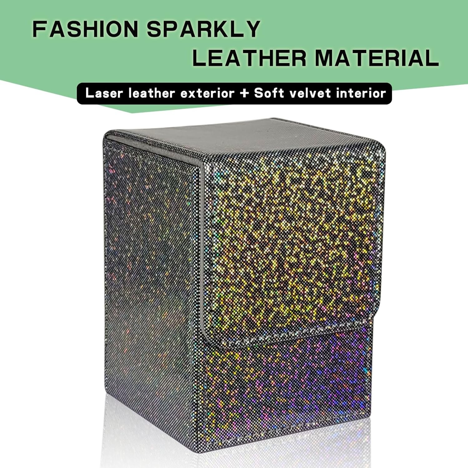 Dmoicols Sparkly Card Deck Box Holds 100+ Single Sleeved Cards,Leather Card Storage Case,Mtg Commander Deck Box with 2 Dividers Fit TCG CCG Magic Cards Vertical(Sparkly Black Point) image number 5
