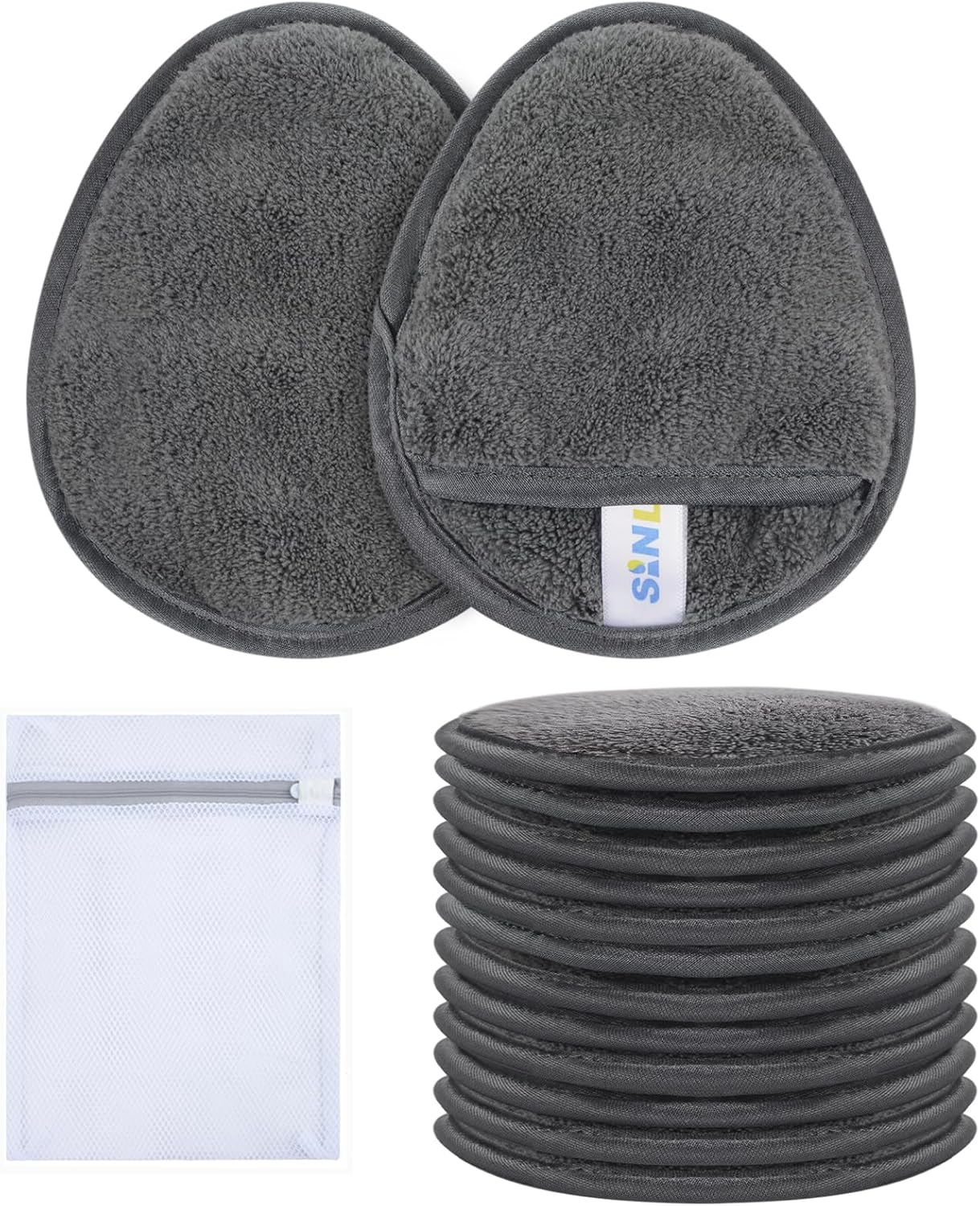 SINLAND 6 Pack Microfiber Makeup Remover Pads Reusable Makeup Eraser Washable Facial Cleansing Pads with Laundry Bag Dark Grey