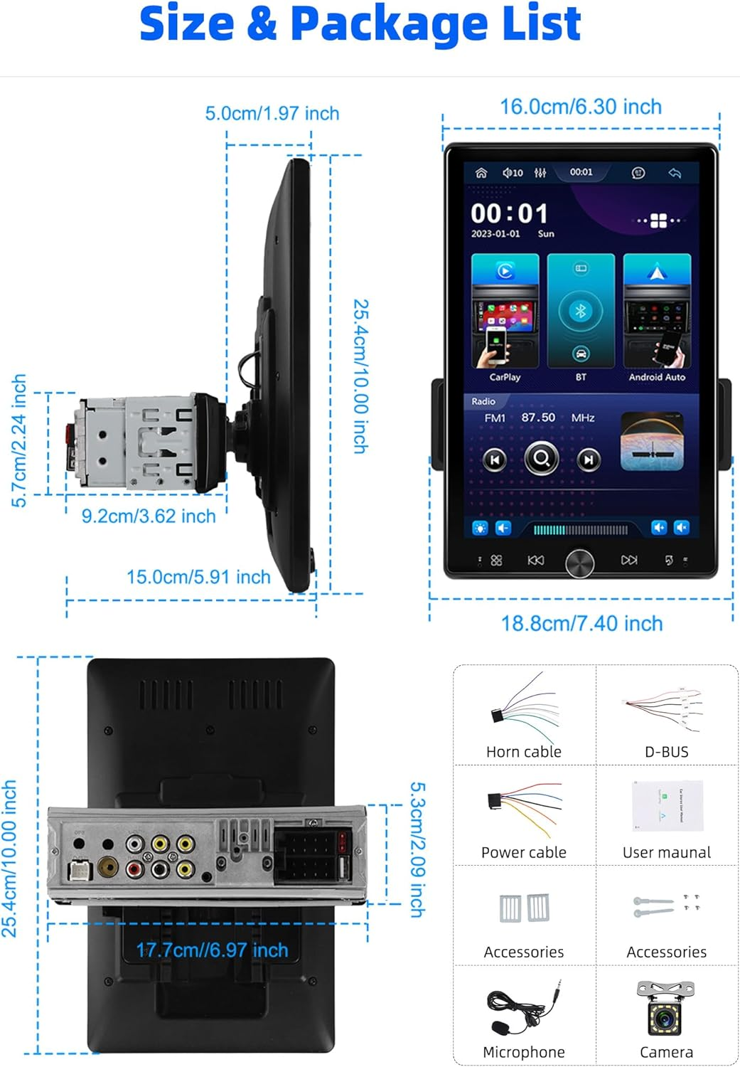 SIXTOP Single Din Car Stereo 10.4 Inch Touch Screen 180&deg;Rotate Vertical/Horizontal Screen Bluetooth Audio with Wireless Carplay & Android Auto Mirror Link FM Radio EQ USB+ AHD Camera & MIC