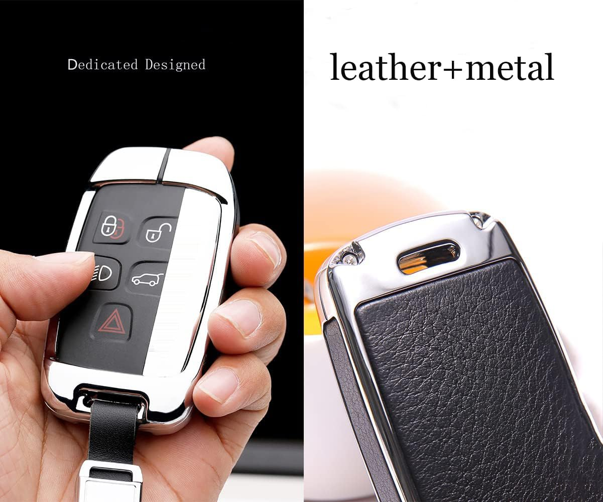 Ontto Key Fob Cover Keyless Prevent Scratches Metal Leather Key Protector Skin Shell Keychain Fit for Range Rover Sport Dsicovery LR4 Silver Metal Shell Black image number 3