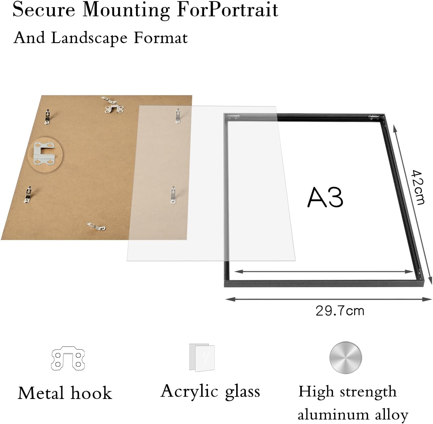 Picture Frame, Aluminium Photo Frame, Classic Minimalist Certificate Frame with Plexiglass, for Wall Mounting and Home Decoration image number 2