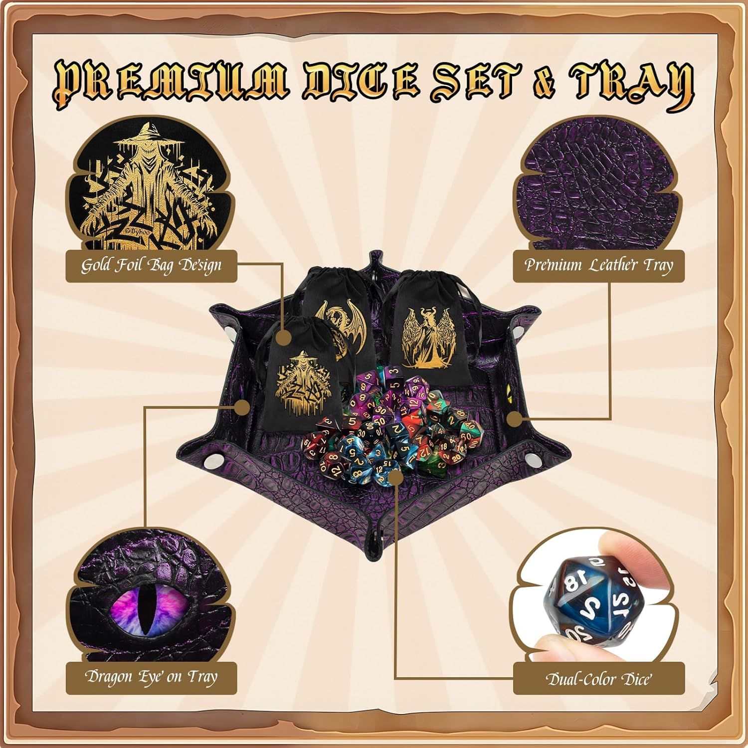 Byhoo DND Dice Set, 6 Sets Double-Colors Polyhedral Dice with 6 Drawstring Bags and Crocodile Pattern Dice Tray for RPG, MTG & Table Games, Ideal for DND Enthusiasts & DM image number 2