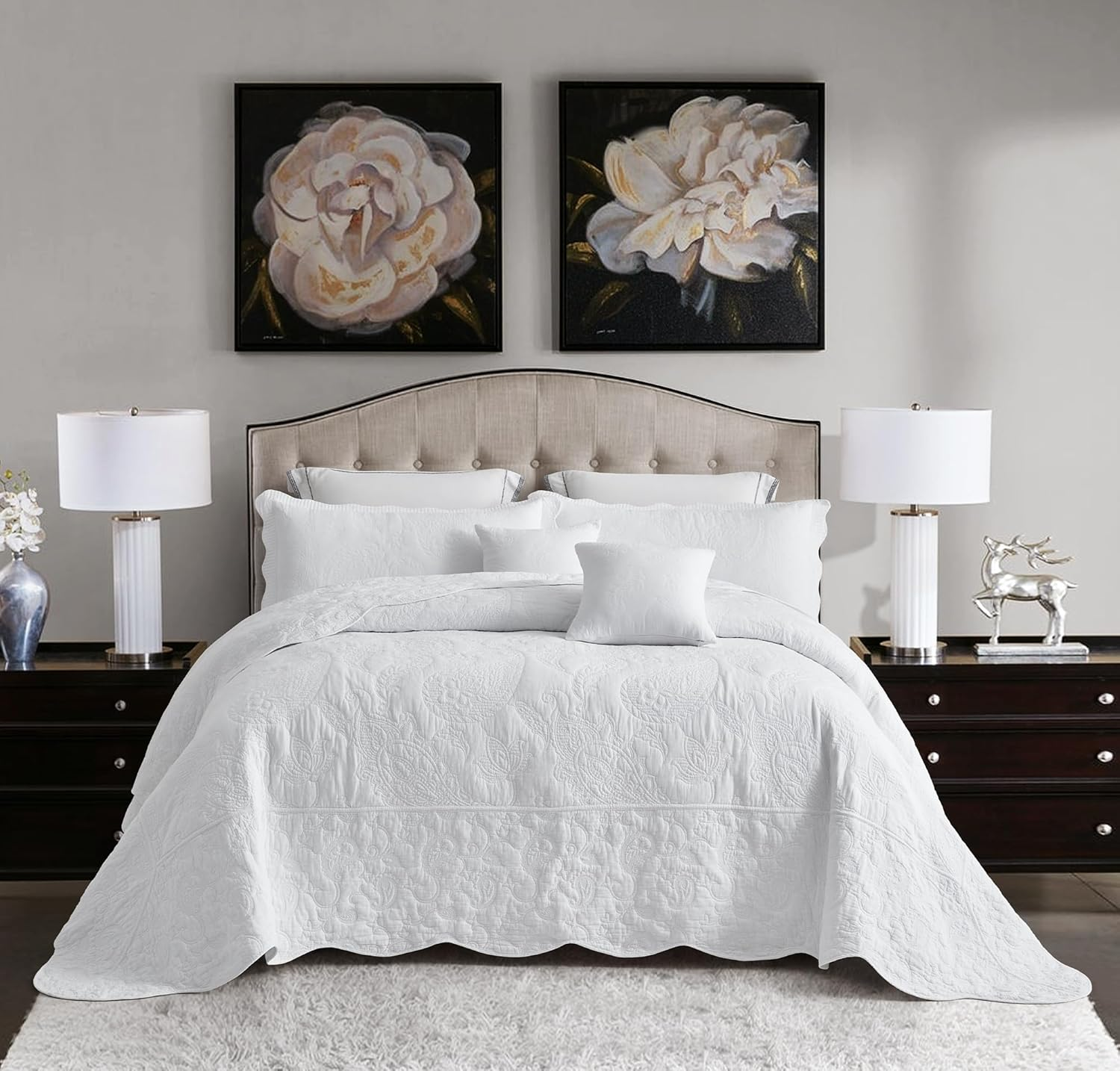 Blythease Oversized Queen Bedspread Cotton, Reversible Paisley Pattern Design, Lightweight Bedding Cover, 4 Piece Set - Queen, Pure White image number 3