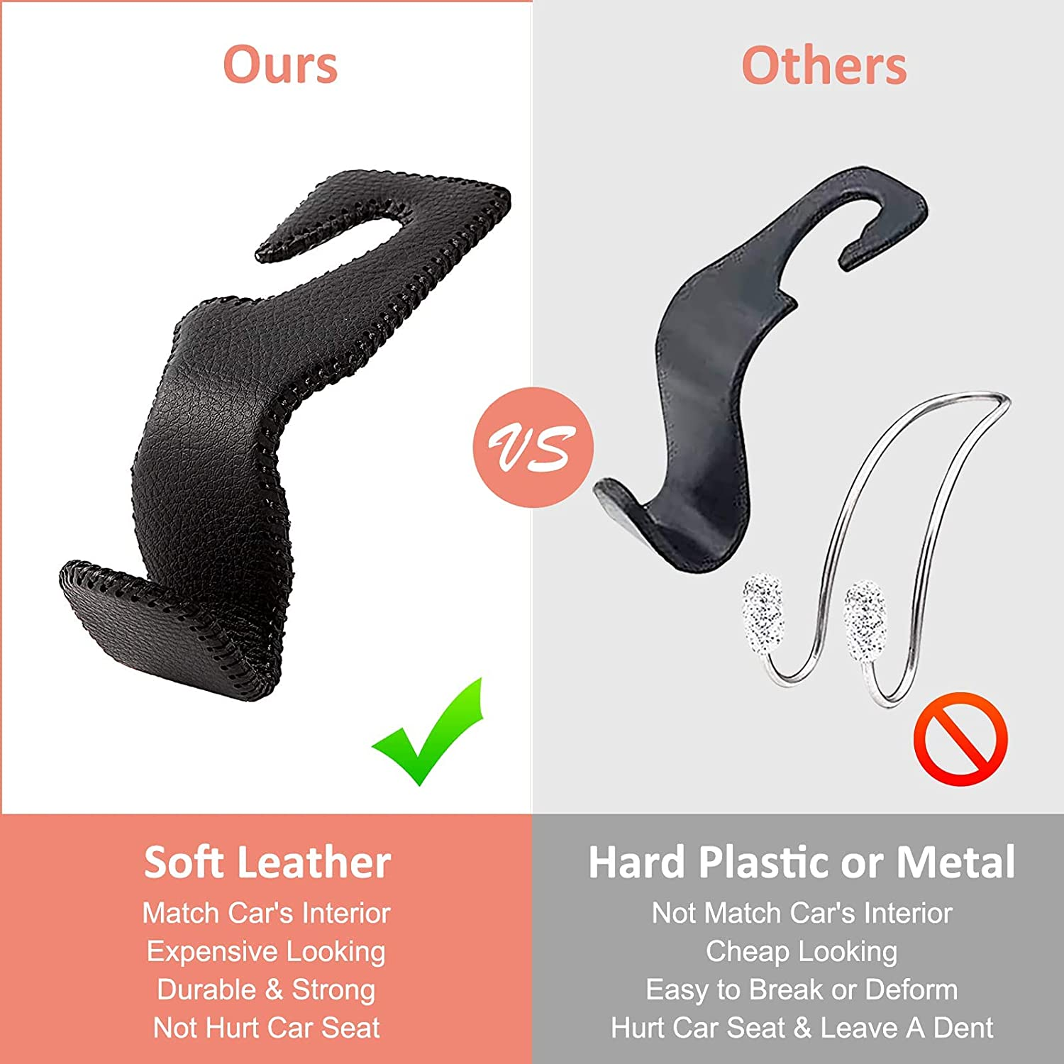 2 Pack Leather Car Headrest Hooks, Car Back Seat Headrest Hanger Vehicle Leather Storage Hook for Purse Handbag Umbrella, Vehicle Organizer Storage Gadgets Accessories(Black Set of 2)