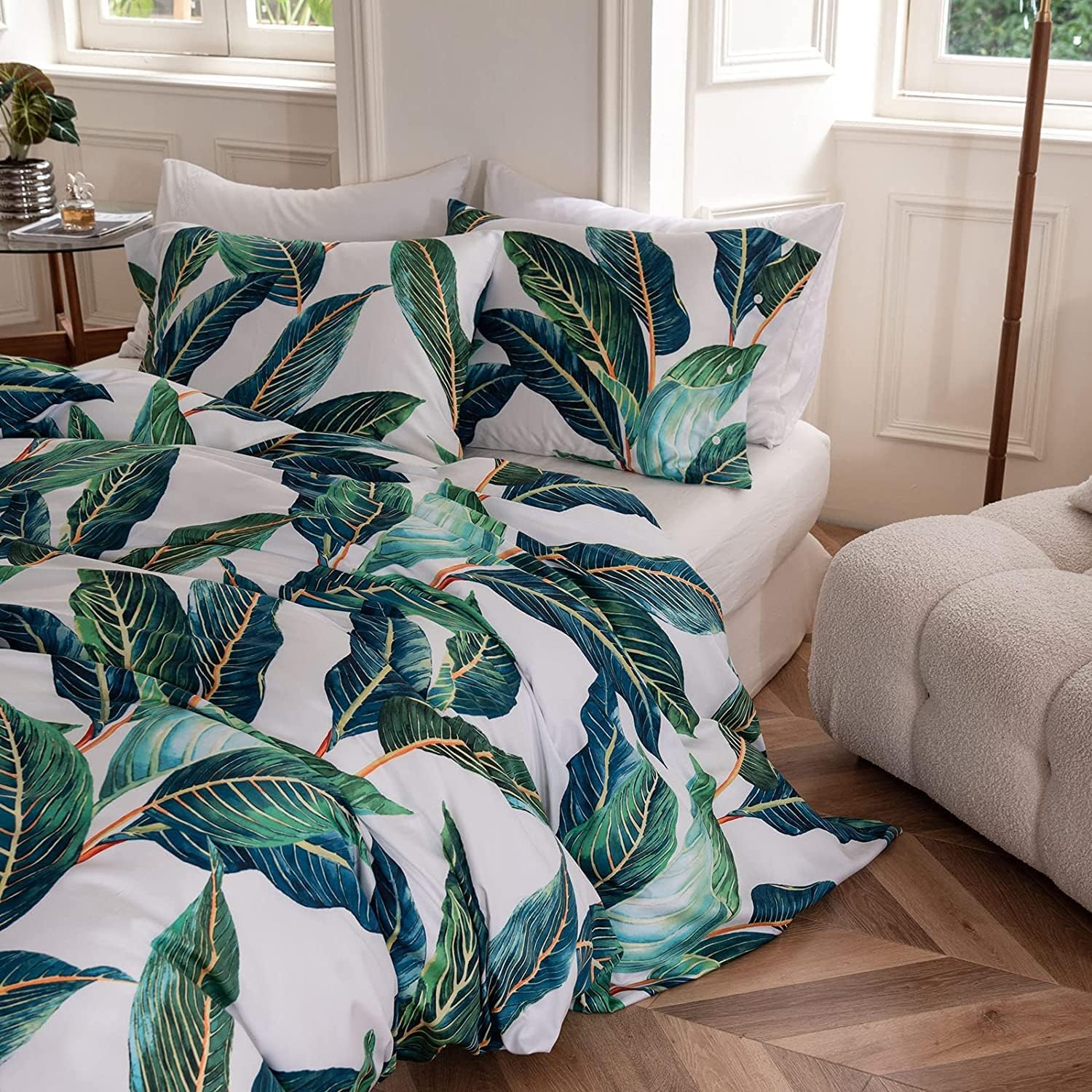 AMWAN Green Leaves Tropical Duvet Cover Set Queen Long Staple Cotton Floral Bedding Set Full Reversible 3 Pcs Leaves Comforter Cover Set 1 Duvet Cover with 2 Pillowcases Queen Bedding Collection image number 5