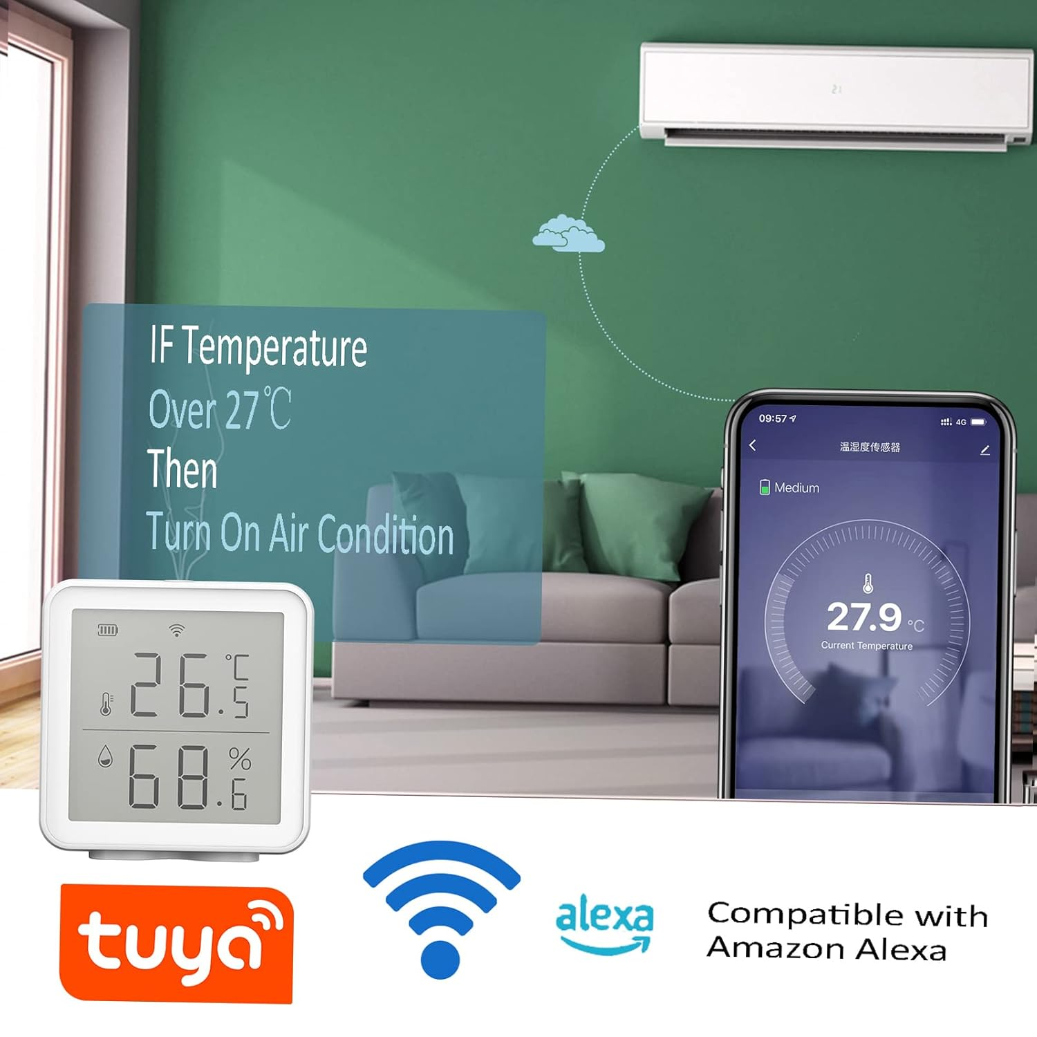 Blueaoq Wifi Smart Temperature Humidity Sensor Compatible with Alexa 230Ft Super Long Range Wireless Digital Hygrometer Indoor Thermometer Humidity Meter Temperature Humidity Monitor Sensor image number 3