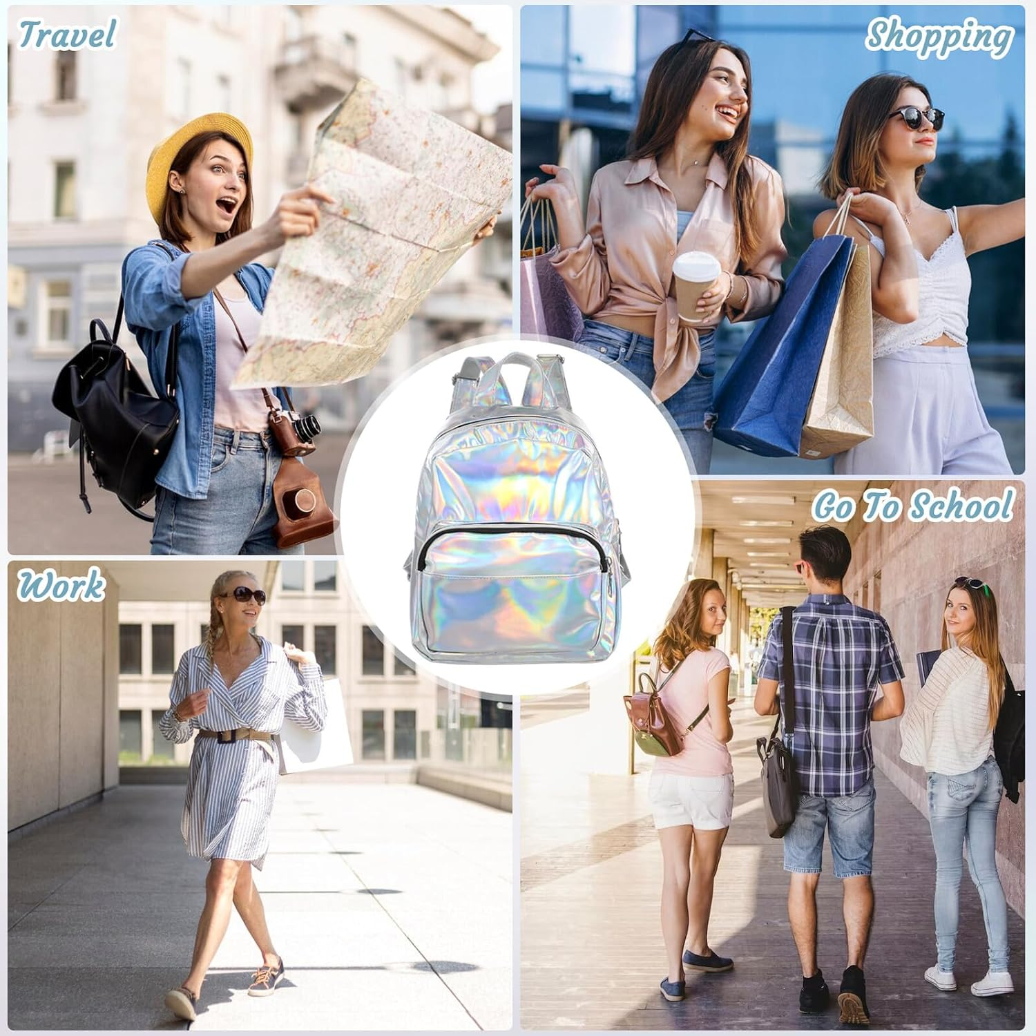 BESTYASH Holographic Mini Backpack for Girls Chic Grey School Bag Fashionable Laser Rucksack Adjustable Straps for School and Travel image number 5