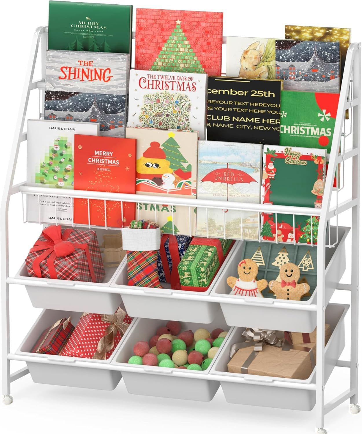 Kids Bookshelf, Metal Bookshelf Freestanding, 3 Tier Bookcase, Book Rack with 6 Storage Organizer, Storage Nursery Book Shelf for Children, Study Room image number 2