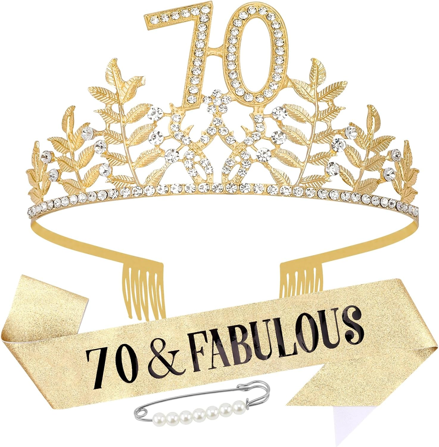 Chanaco 70Th Birthday Decorations for Women, 70 & Fabulous Sash and Crown, Gold 70 Year Old Gifts, Happy Birthday Tiara for Party Decor image number 5