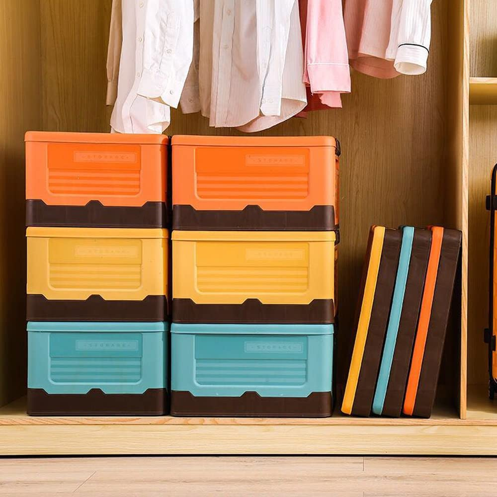 Large Size Plastic Foldable Storage Cubes Bin Box Containers with Lid and Handles for Home, Office, Nursery, Closet, Bedroom, Car Box, Picnic, Storage Box S30 (Yellow, 40*28*23CM (15.7X11X9 Inches)) - Yellow image number 6