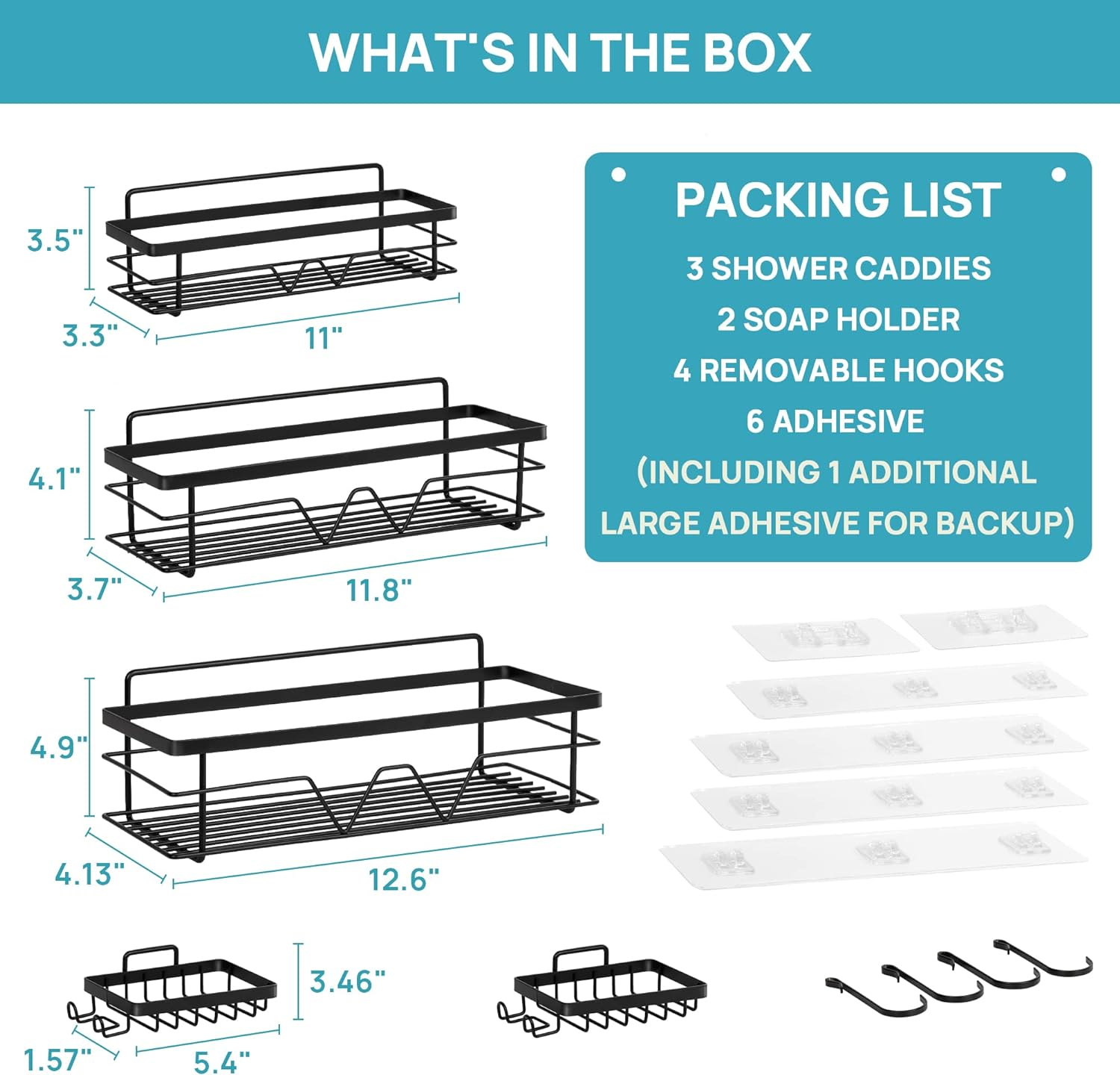 Vtopmart 5 Pack Shower Caddy Bathroom Shelves with 4 Hooks, 2 Soap Holders, Self Adhesive Bathroom Storage for inside Shower, Stainless Steel Bathroom Organiser for Kitchen, Restroom, Black image number 4