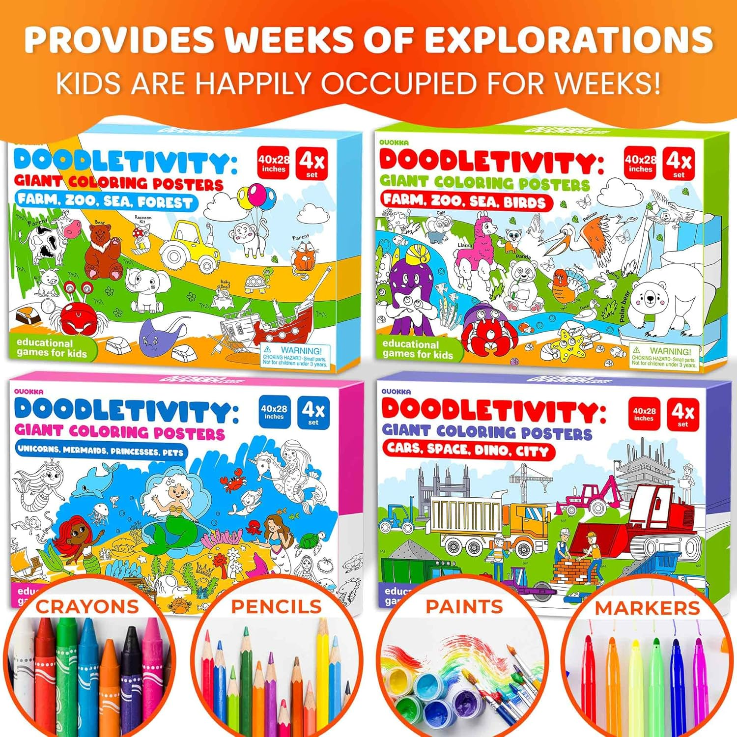 QUOKKA Giant Coloring Posters for Kids &ndash; 4-Pack 2X3 Ft Large Coloring Sheets with Educational Tasks &ndash; Floor & Wall Activities for Markers, Crayons, Paints &ndash; Classroom & Party Supplies for Ages 3-5 image number 5