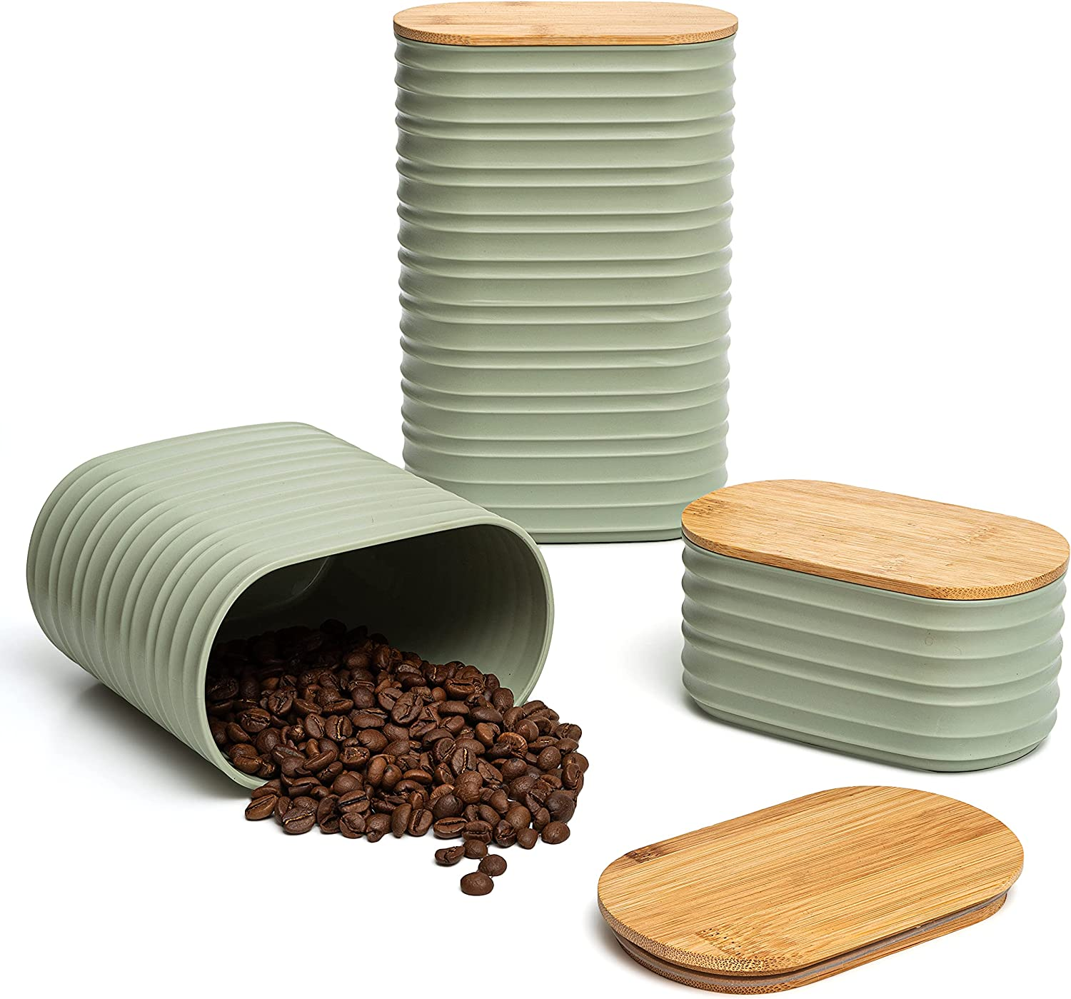 Mixpresso Olive Green Canisters Sets for the Kitchen &ndash; 3-Piece Airtight Plastic Sugar Container Set with Bamboo Lids in Three Different Sizes &ndash; Decorative Modern Storage Jars for Coffee &Tea