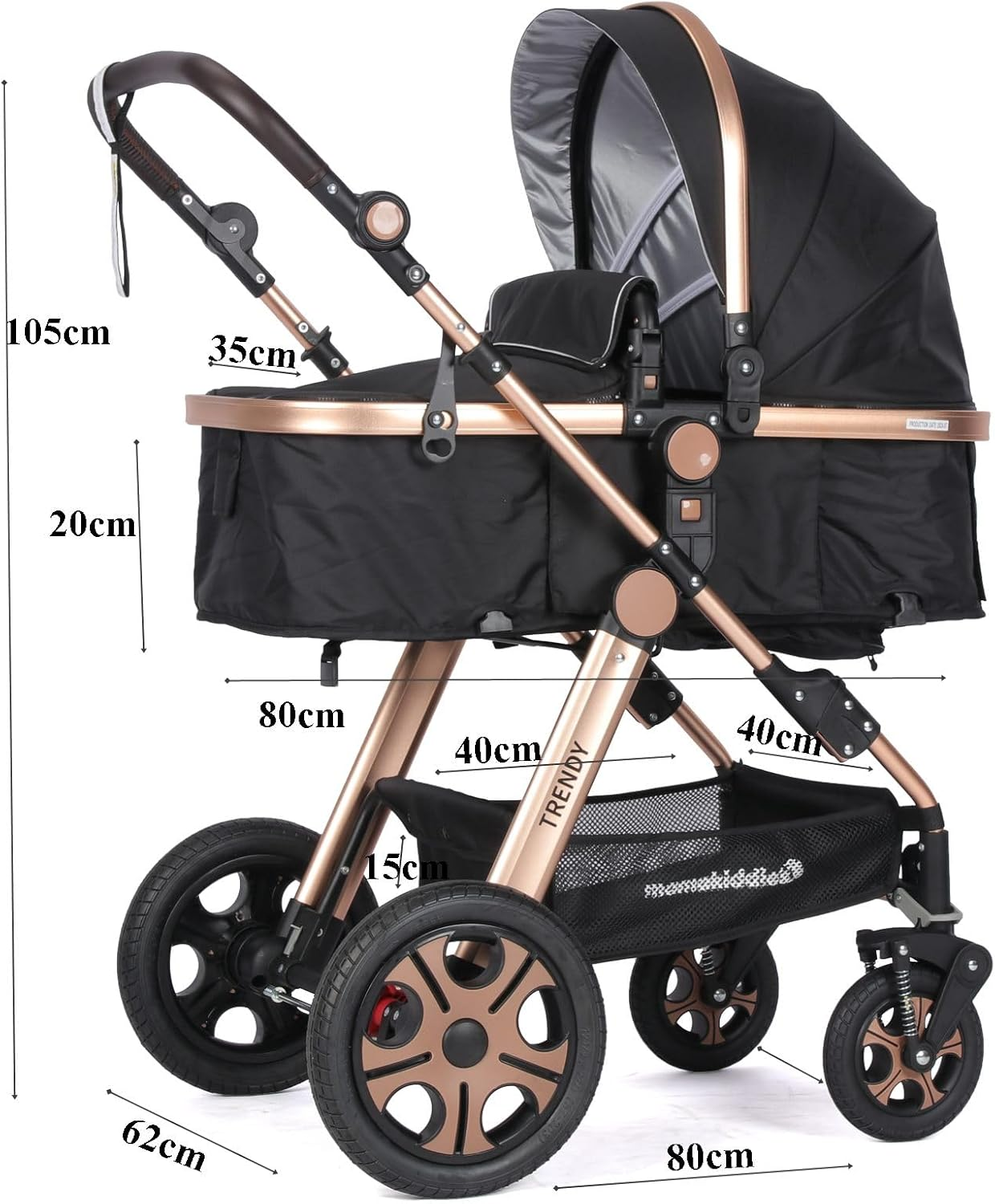 Mama Kiddies Trendy Black Gold Convertible 2In1 Aluminium Alloy Pram Stroller Bassinet Rain Cover, Foot Cover, Cup Holder, Inner Cushion, Mosquito Net Included