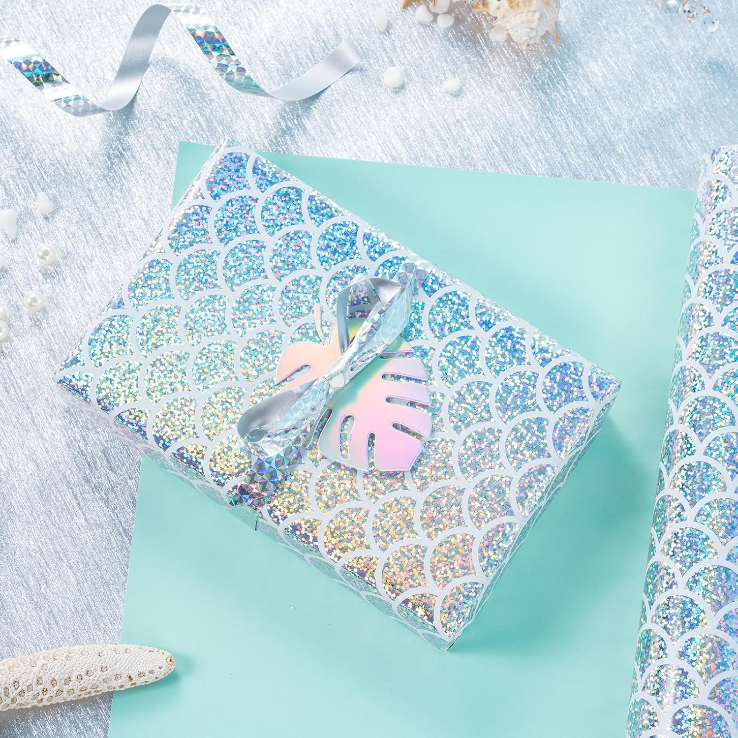 WRAPAHOLIC Reversible Wrapping Paper - Mini Roll - 17 Inch X 33 Feet - Scal with Colorful Foil and Solid Light Mint Design for Birthday, Baby Shower, Party, Holiday - Colorful Scale With Foil image number 2