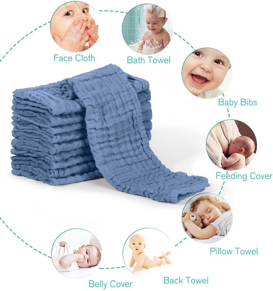 Yoofoss Muslin Burp Cloths for Baby 10 Pack 100% Cotton Baby Washcloths for Boys Girls Large 20 Feet 'X10 Inches Super Soft and Absorbent Dark Blue image number 6