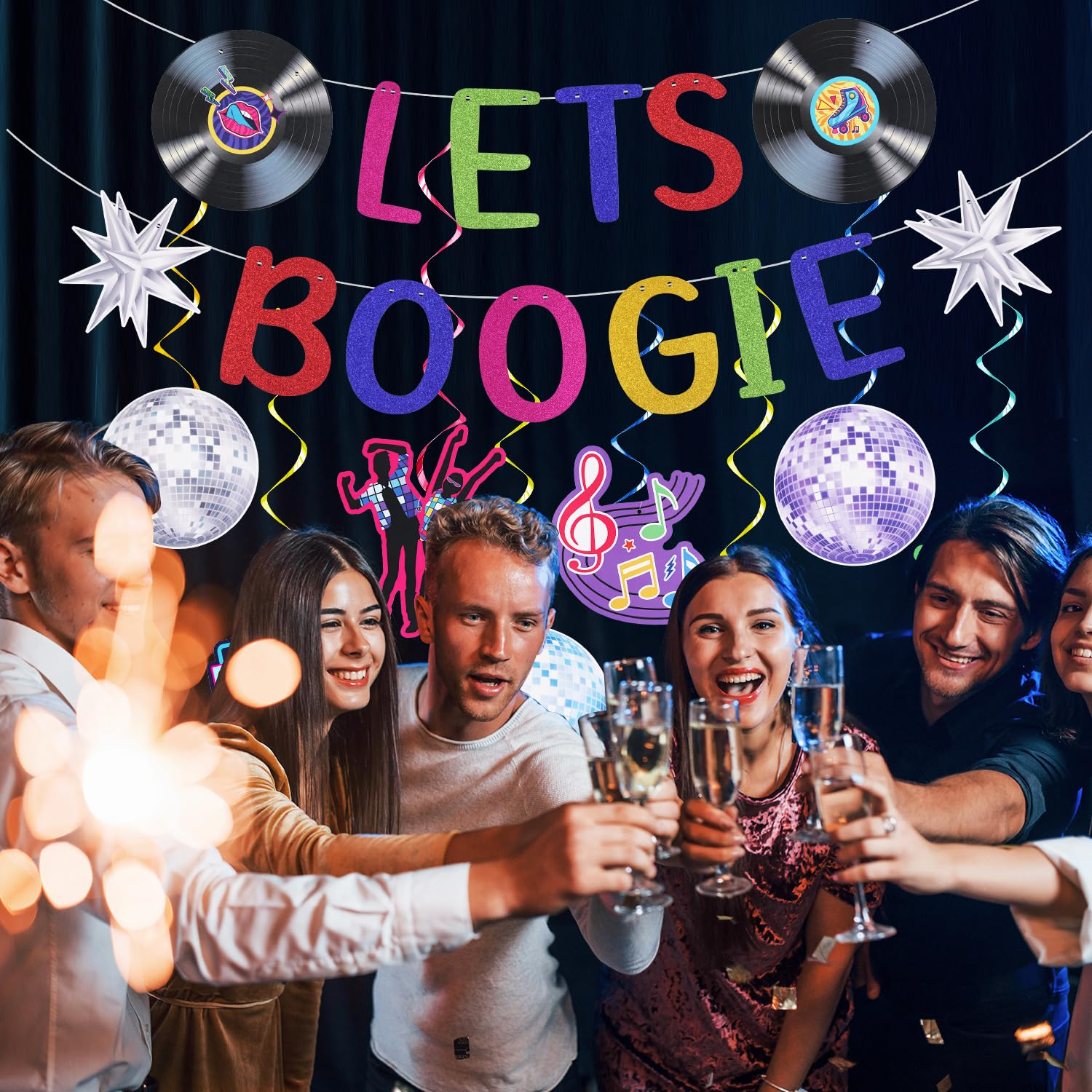 70S Theme Party Decorations, 2 Banner and 8 Hanging Swirls Lets Boogie Banner Disco Themed Party Decorations for 60S/70S/80S/90S Disco Birthday Party image number 5