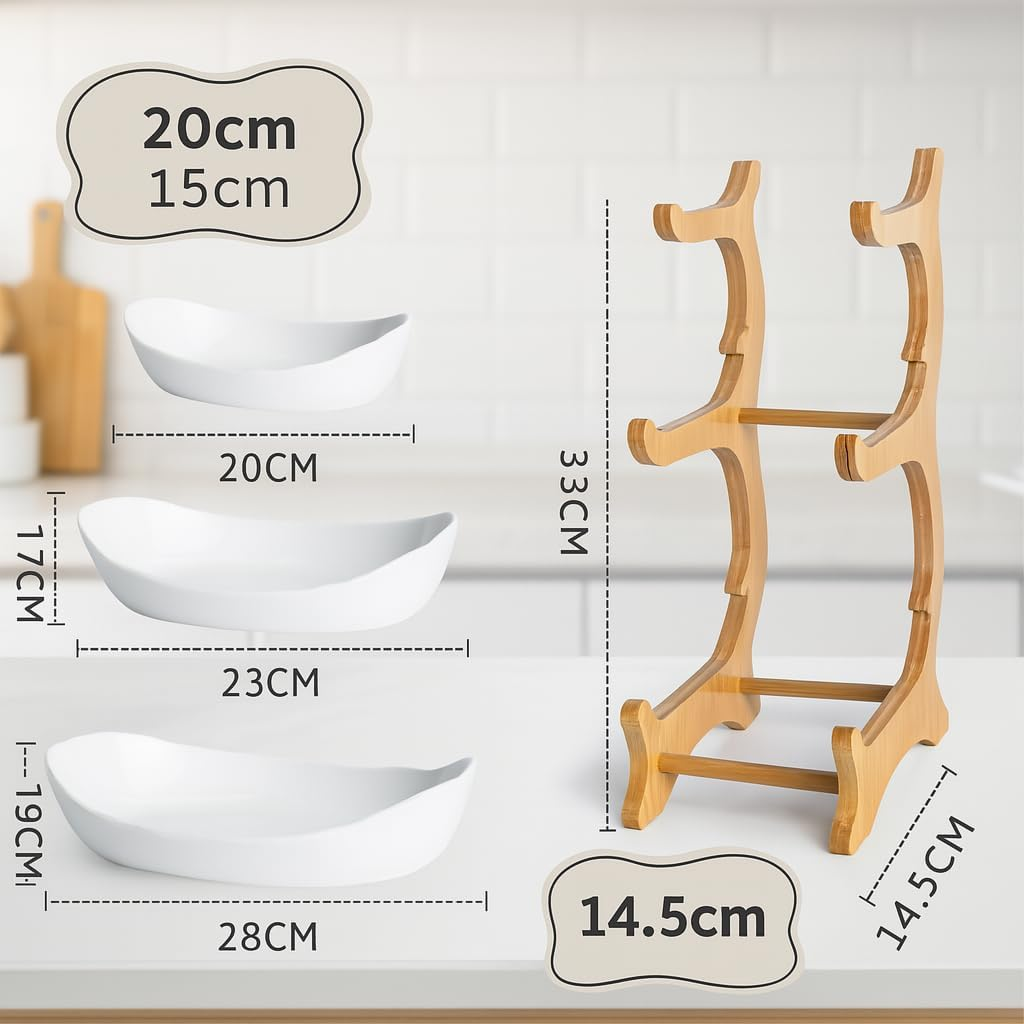 COZYVISTA - 3 Tier Fruit Bowl Stand &ndash; Bamboo Frame with White Ceramic Bowls for Countertop Storage & Display &ndash; Tiered Fruit Holder for Kitchen, Dining, or Pantry &ndash; Space-Saving & Modern Design image number 1