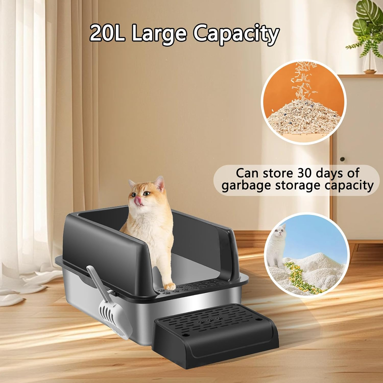 Menbyci Stainless Steel Cat Litter Box with Lid Footboard,Metal Extra Large Litter Box Self Cleaning,High Side Enclosure Cat Litter Tray for Big Kitty,Cat Scooper for Litter Boxes,24X16X12In (Black) image number 1