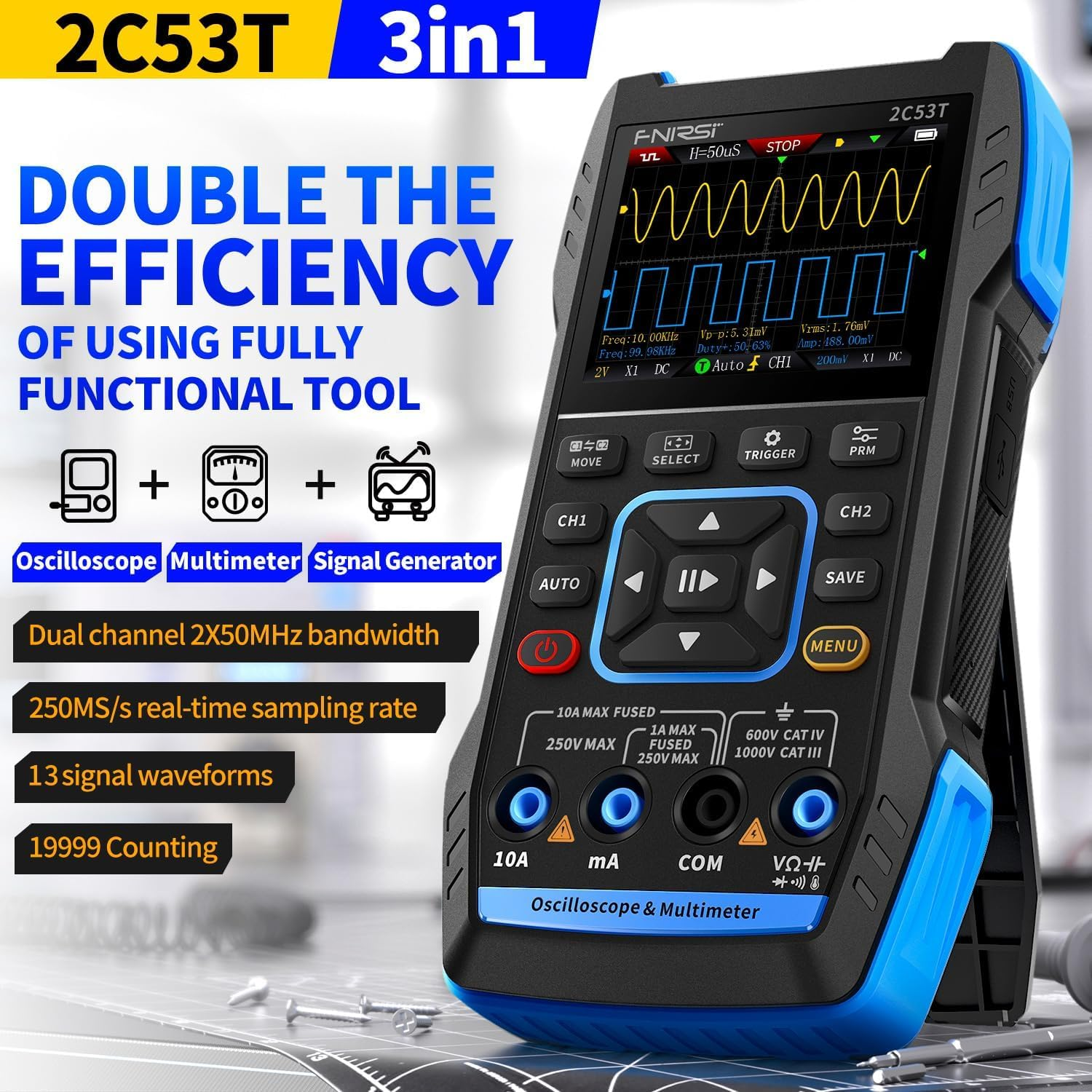2C53T 3-In-1 Handheld Oscilloscope Multimeter DDS Generator, 2 Channel, 50Mhz Bandwidth, 250Msa/S Sampling Rate, 20,000 Calculations, Voltage, Current, Capacitance, Resistance, 2* P6100 Probes image number 6