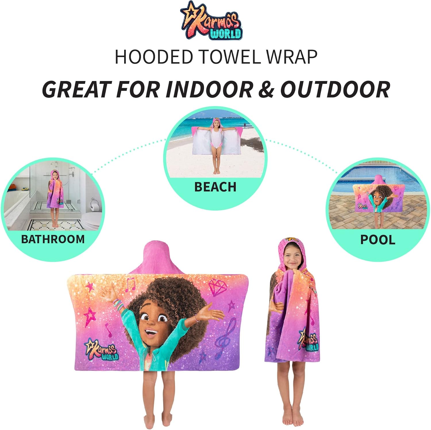 Karma'S World Kids Bath/Pool/Beach Soft Cotton Terry Hooded Towel Wrap, 24 in X 50 In, by Franco image number 5