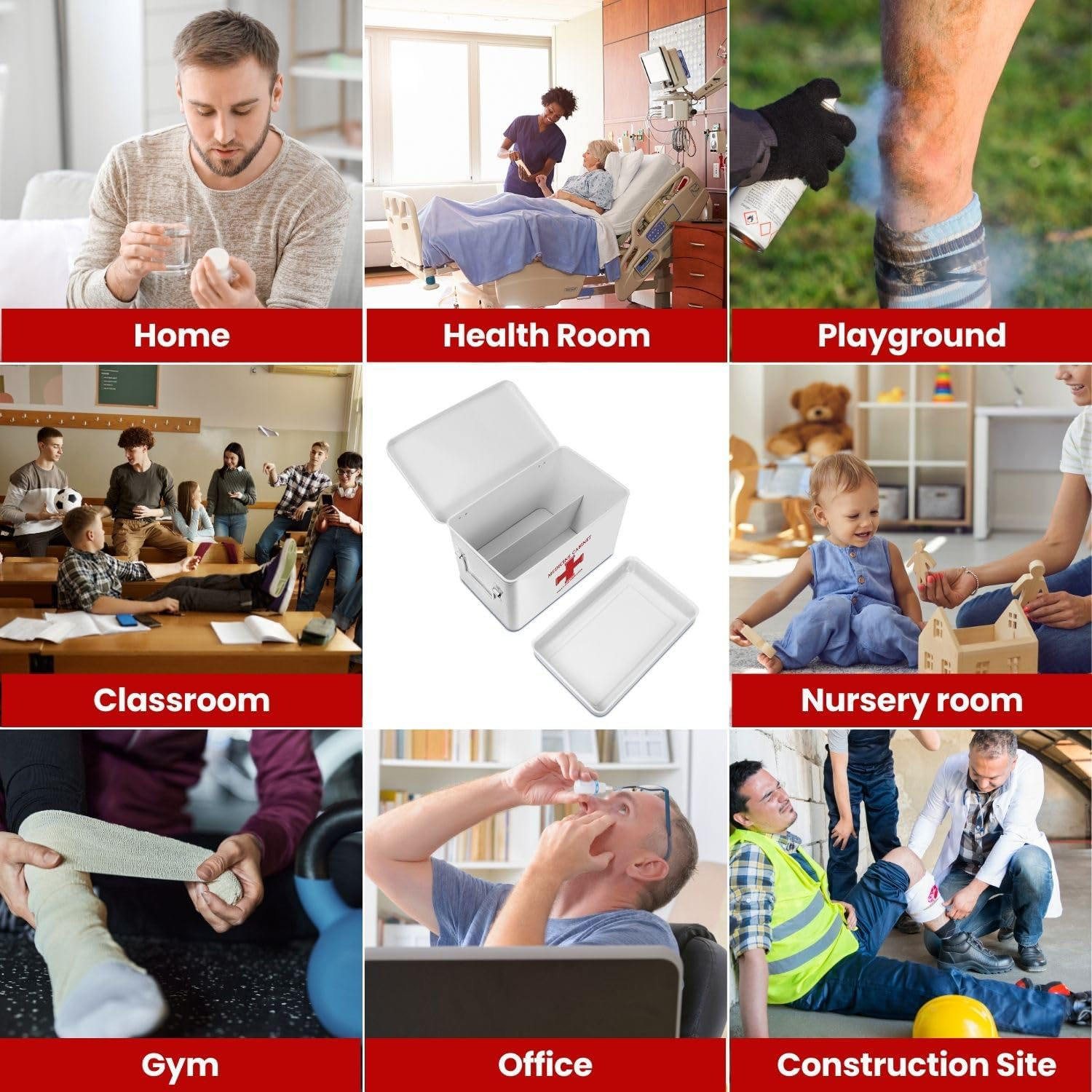 Flexzion First Aid Box Organizer Empty 13" White Vintage First Aid Kit Tin Metal Medical Box - First Aid Storage Box Container Bins with Dividers, Removable Tray and Red Cross Logo image number 6